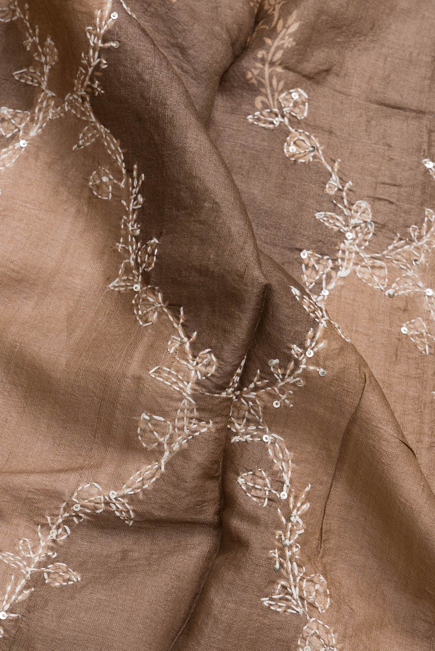 Close up of Brown Dual Tone Tussar Silk Saree with Embroidery on the body and Embroidery Border.  displaying folds