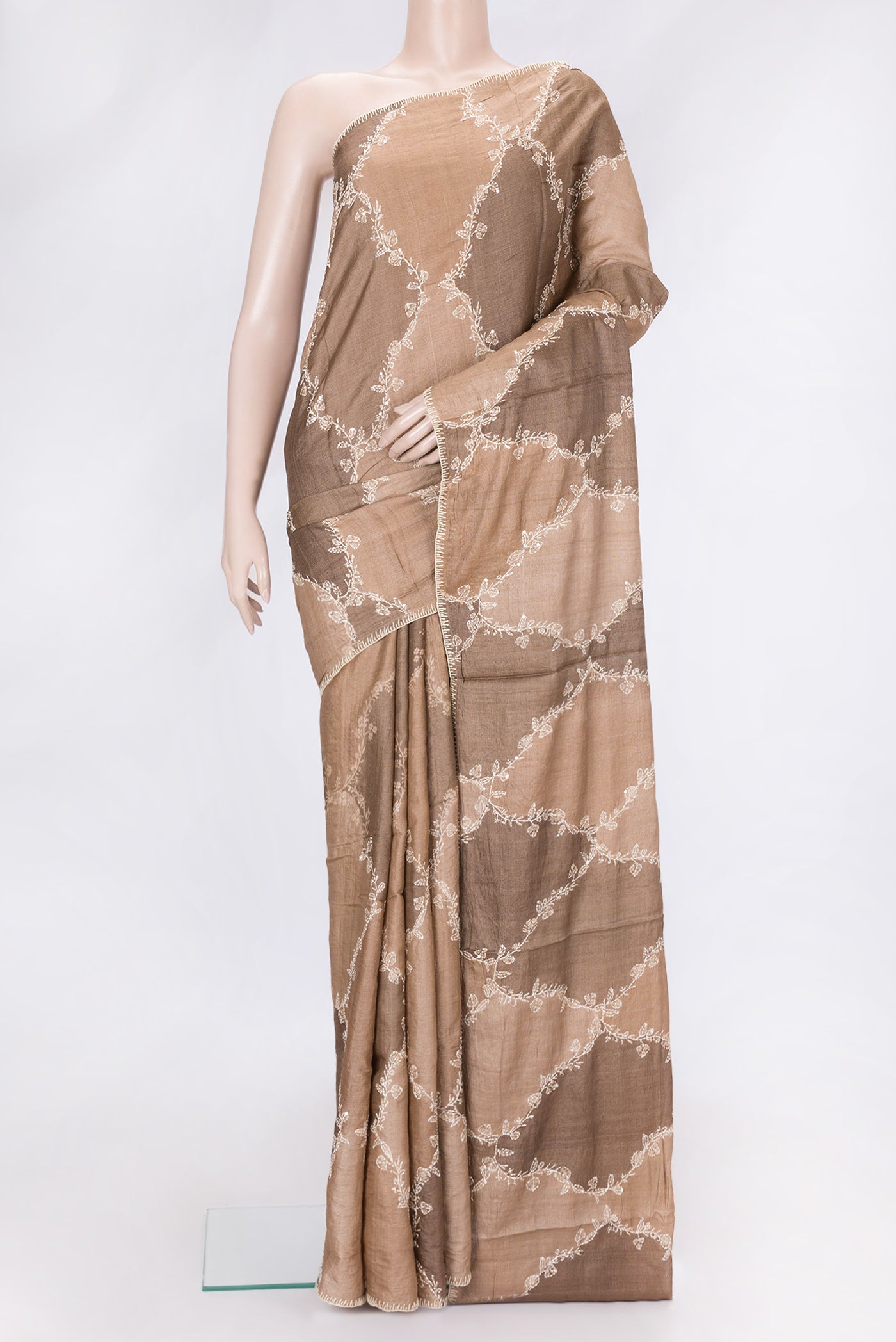 Brown Dual Tone Tussar Silk Saree with Embroidery on the body and Embroidery Border.  displayed on a mannequin