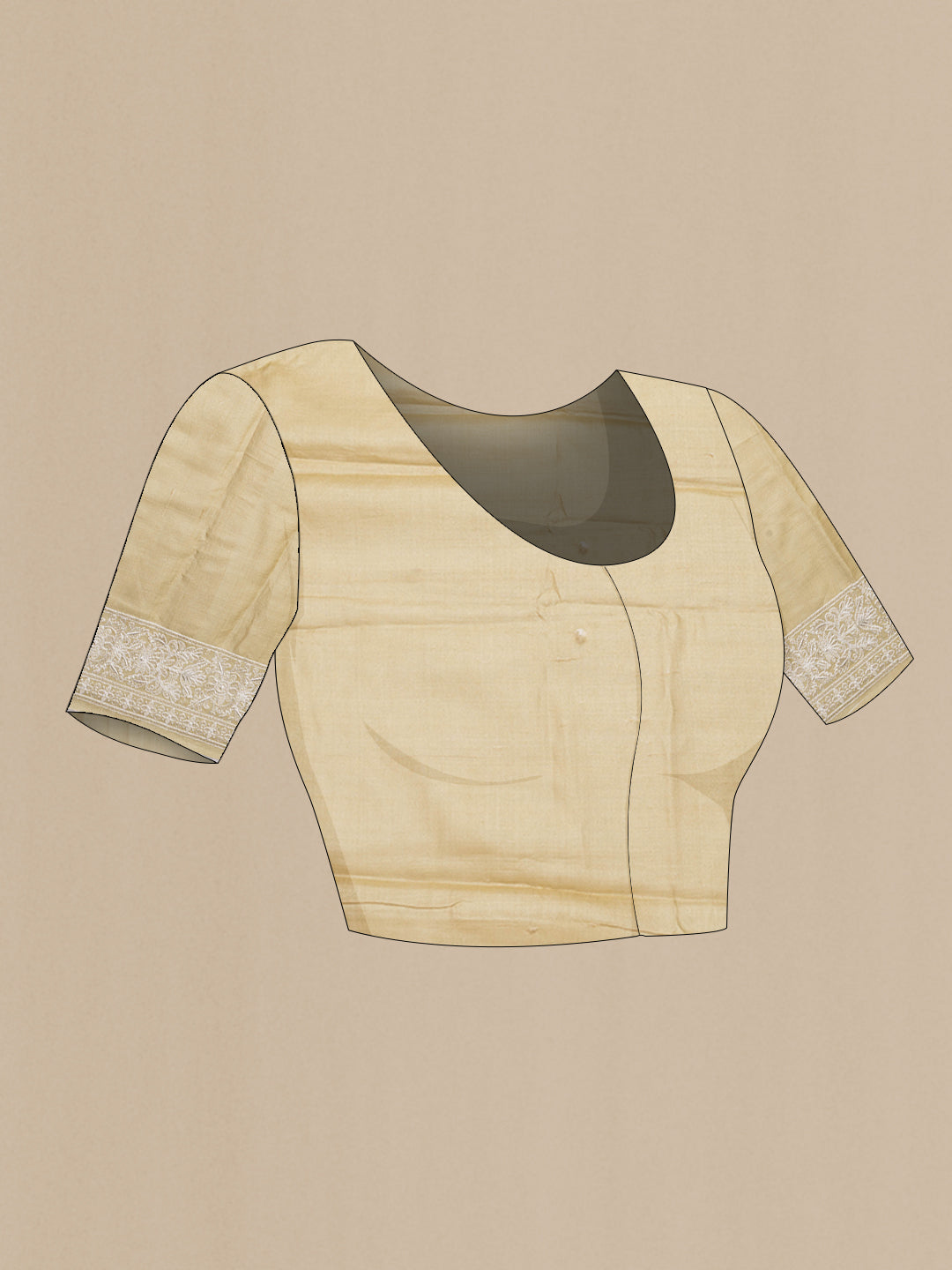 Close up image of the blouse of Sandal Dual Tone Tussar Silk Saree with Printed design on the body and Embroidery Border. 