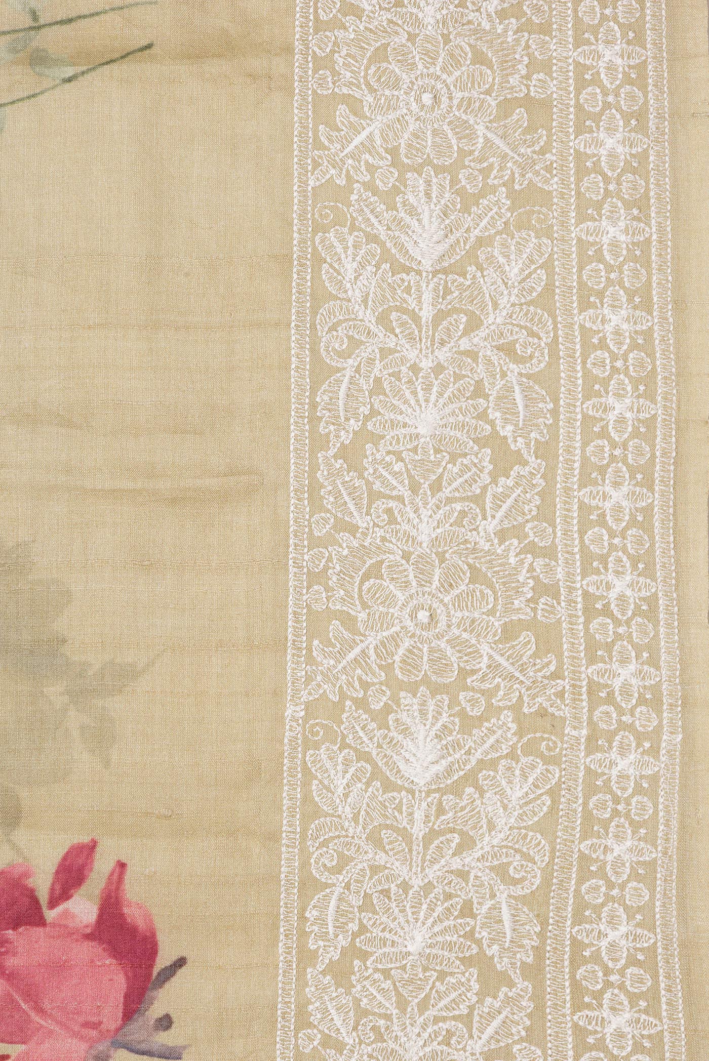 Border image of Sandal Dual Tone Tussar Silk Saree with Printed design on the body and Embroidery Border. 