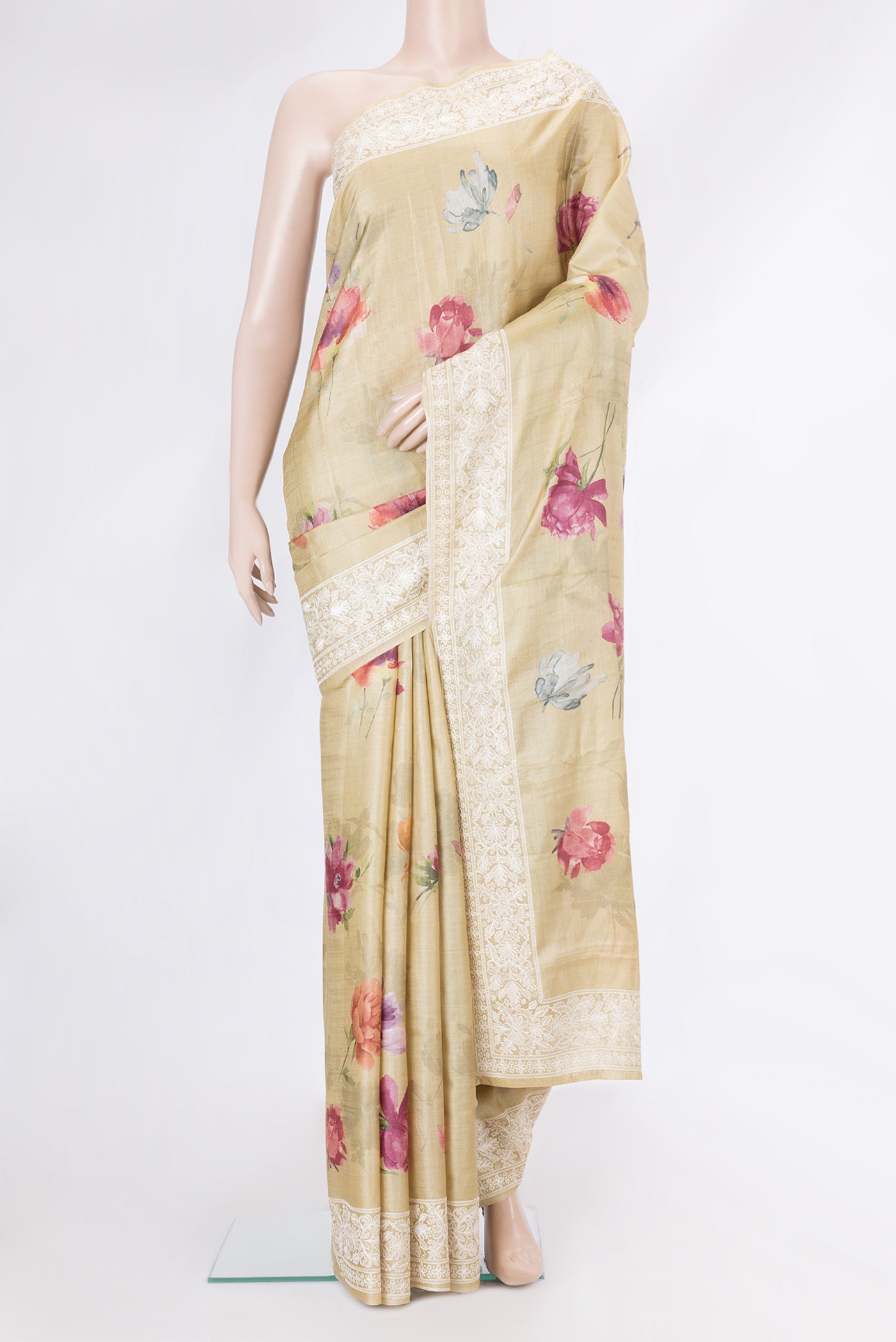 Sandal Dual Tone Tussar Silk Saree with Printed design on the body and Embroidery Border.  displayed on a mannequin