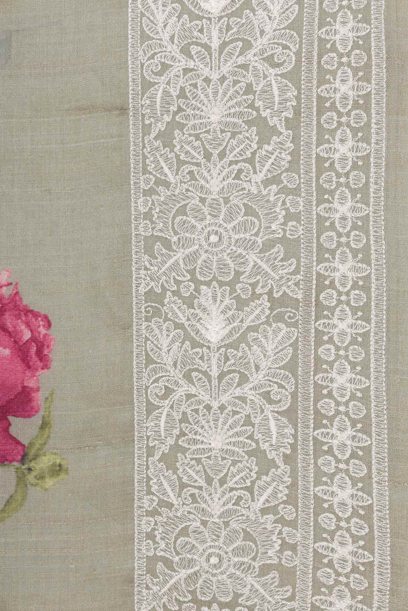 Border image of Green Tussar Silk Saree with Floral Print on the body and Embroidery Border