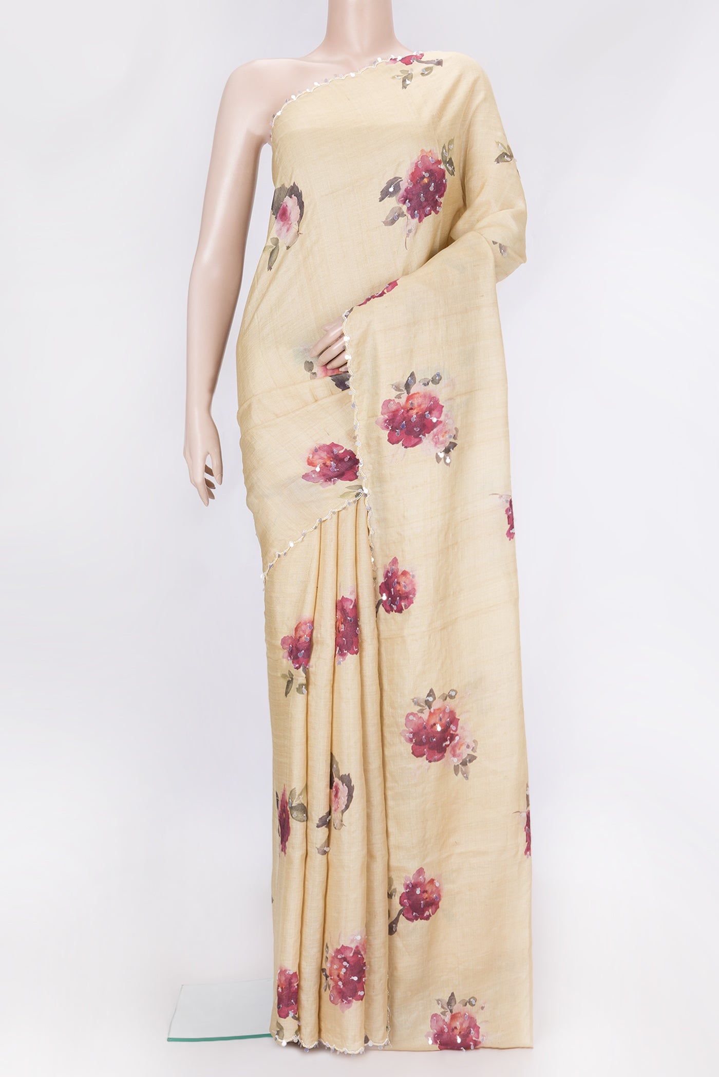 Beige Dual Tone Tussar Silk Saree with Embroidery on the body and Embroidery Border.  displayed on a mannequin