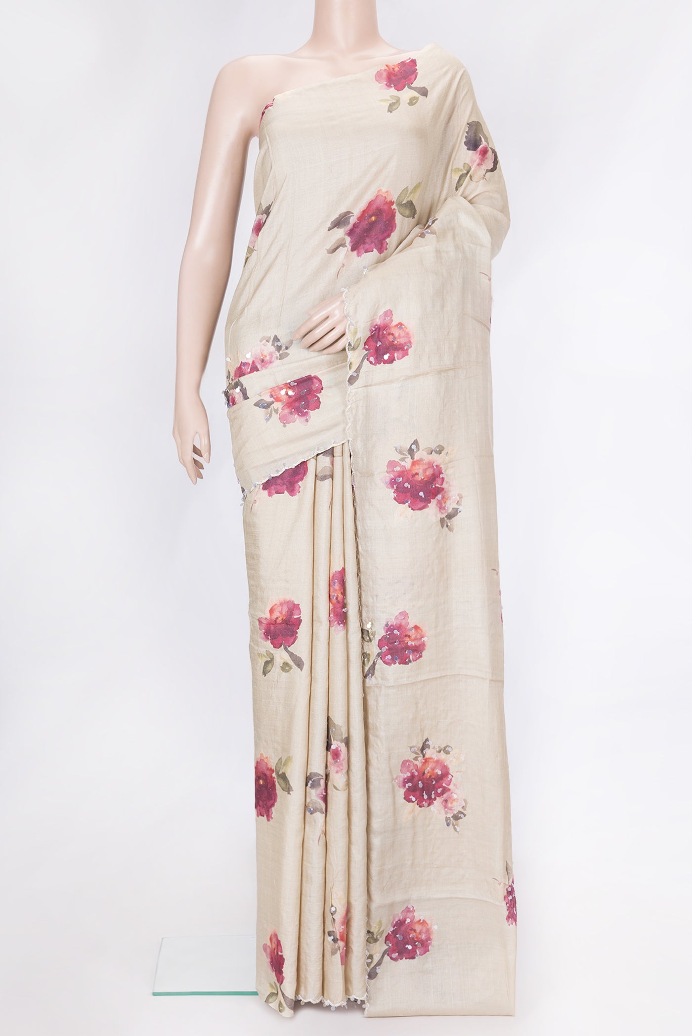 Beige Dual Tone Tussar Silk Saree with Embroidery on the body and Embroidery Border.  displayed on a mannequin