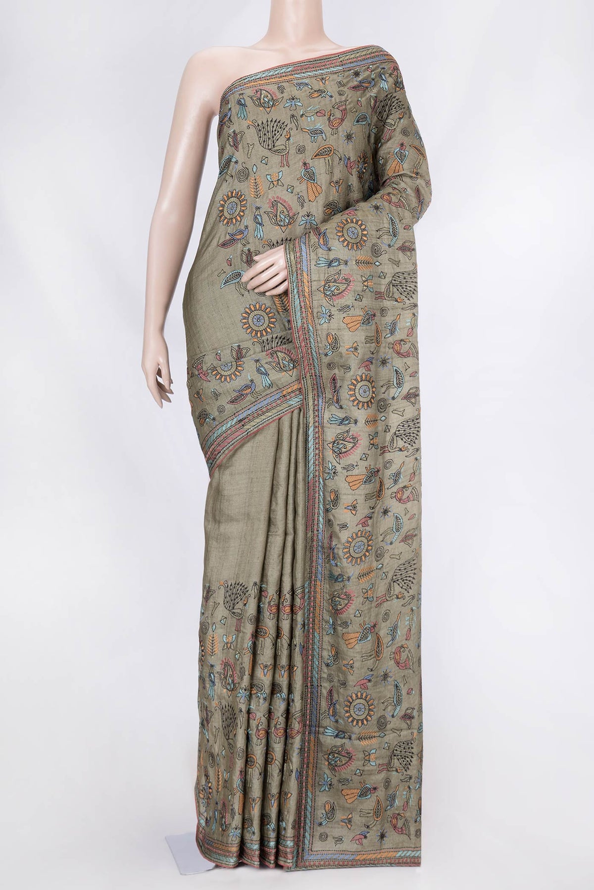 Mehandi Green Dual Tone Tussar Silk Saree with Embroidery on the body and Embroidery Border displayed on a mannequin