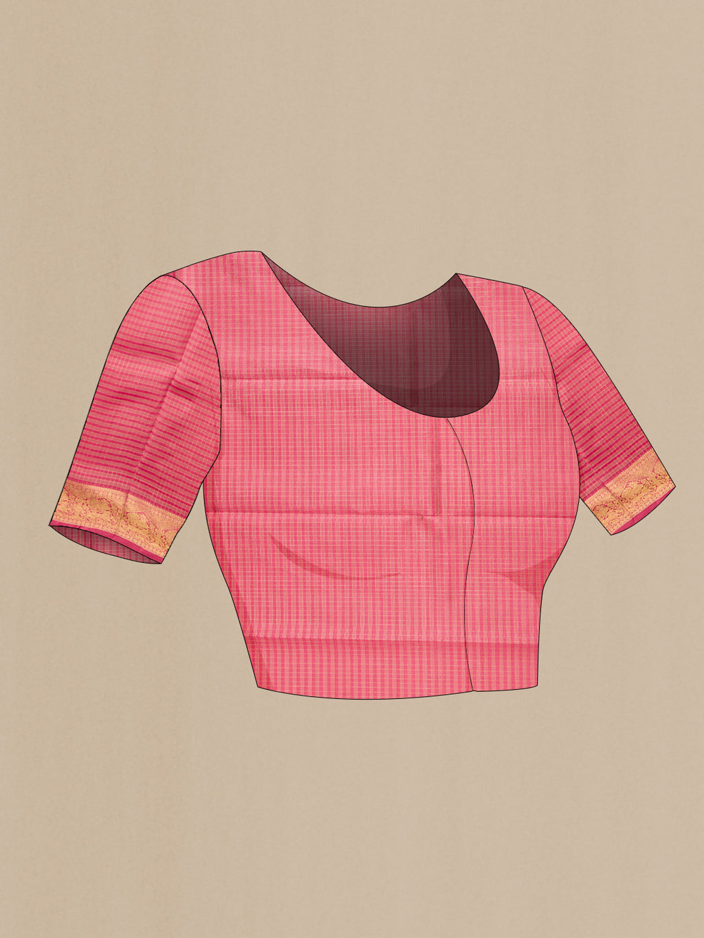 Close up image of the blouse of Pure Silk Pure Zari Pink Kanchipuram Saree with Checked design on the body and Zari Border. 