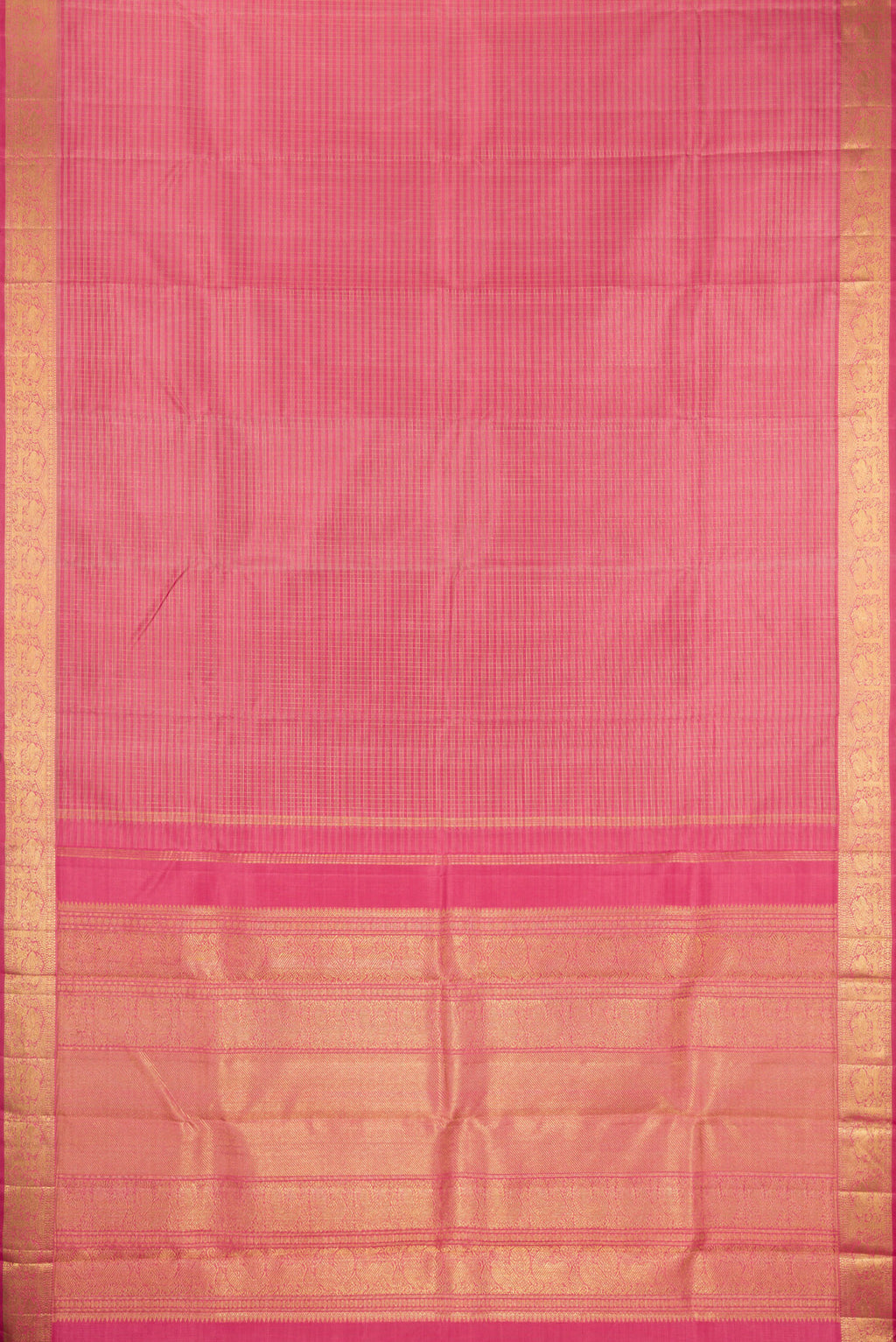 Flat view of Pure Silk Pure Zari Pink Kanchipuram Saree with Checked design on the body and Zari Border. 