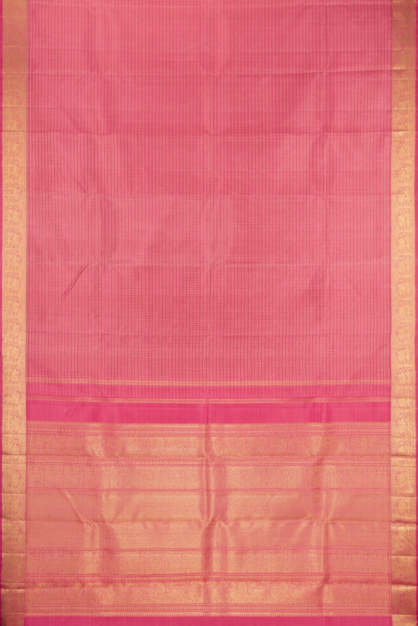 Flat view of Pure Silk Pure Zari Pink Kanchipuram Saree with Checked design on the body and Zari Border. 