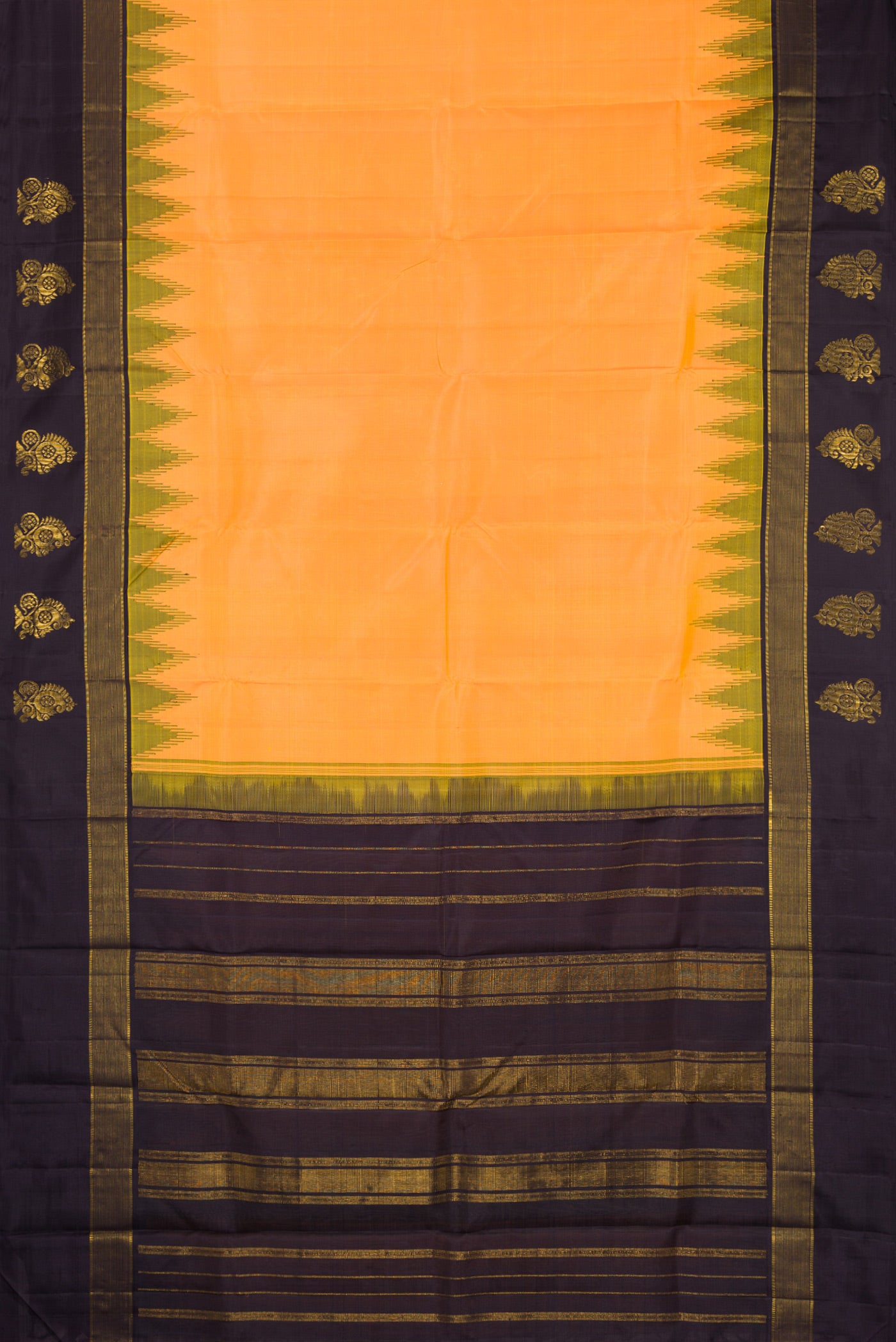Flat view of Orange Kanjivaram Silk Saree with Plain Body and Temple Border. 