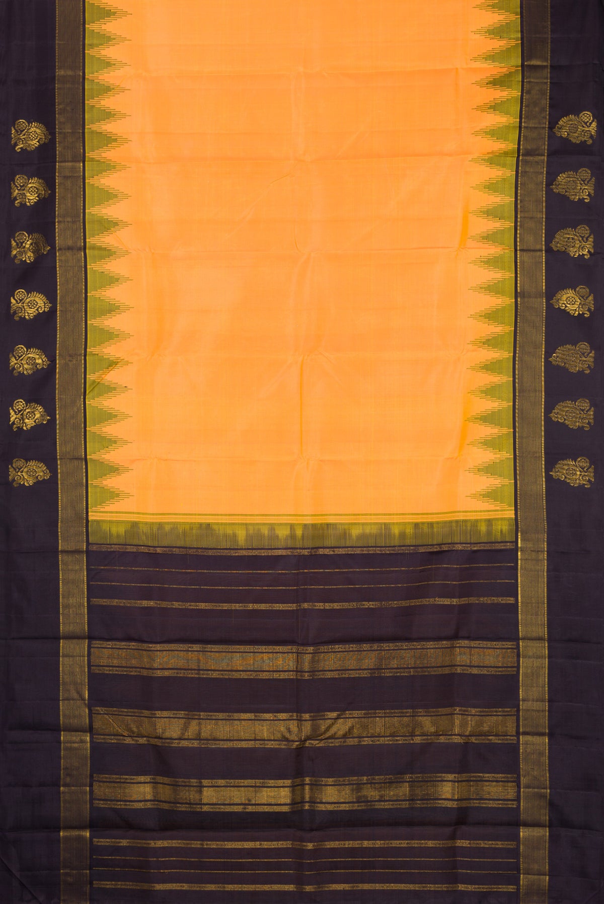 Flat view of Orange Kanjivaram Silk Saree with Plain Body and Temple Border. 