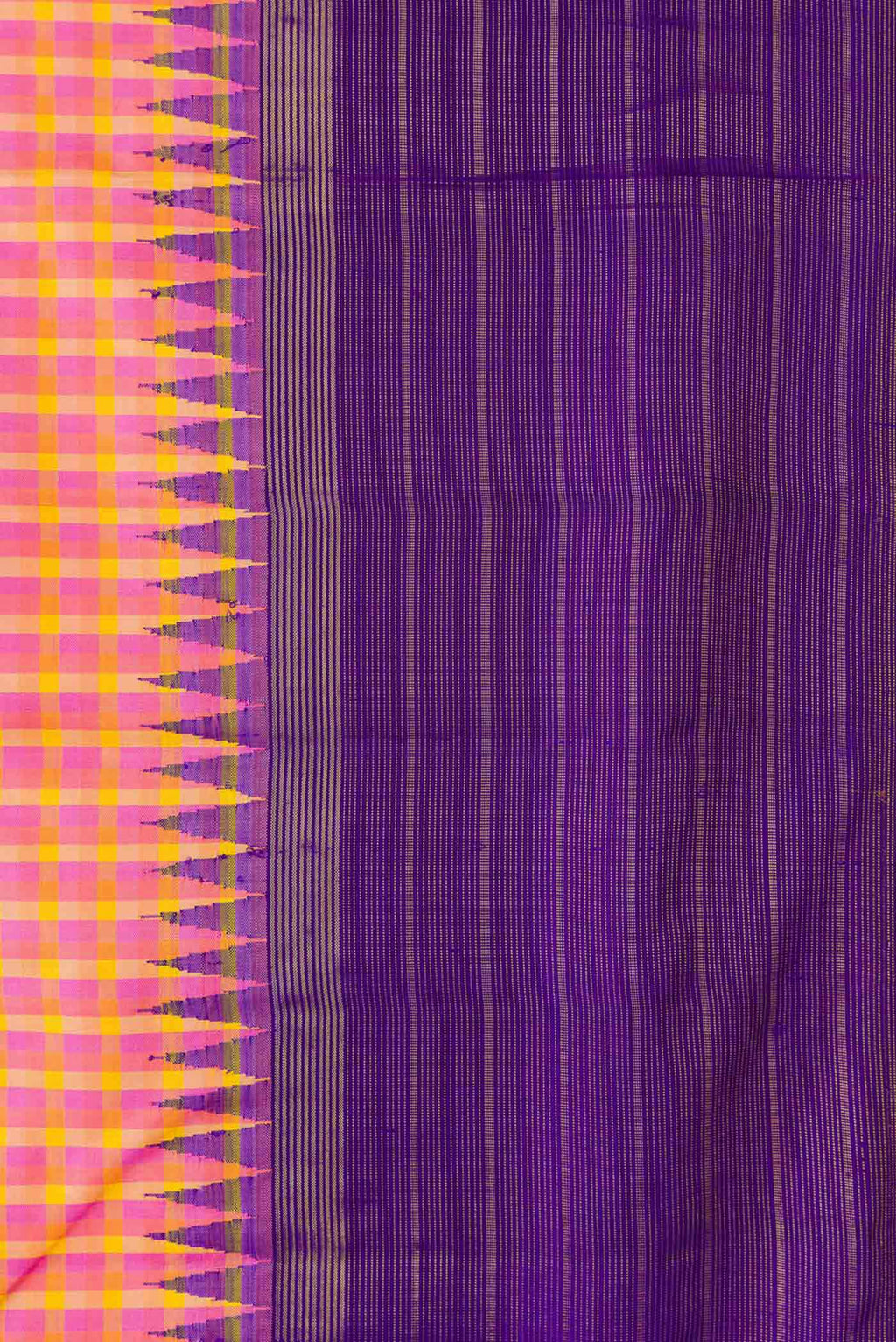 Border image of Pure Silk Pure Zari Pink, Purple and Yellow Color Kanchipuram Saree with Checked design on the body and Zari Border