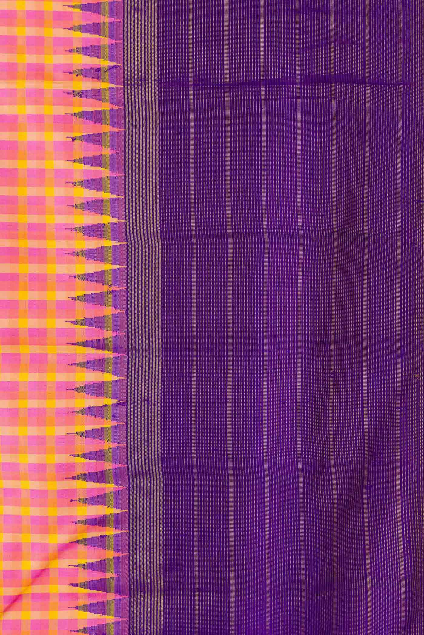 Border image of Pure Silk Pure Zari Pink, Purple and Yellow Color Kanchipuram Saree with Checked design on the body and Zari Border