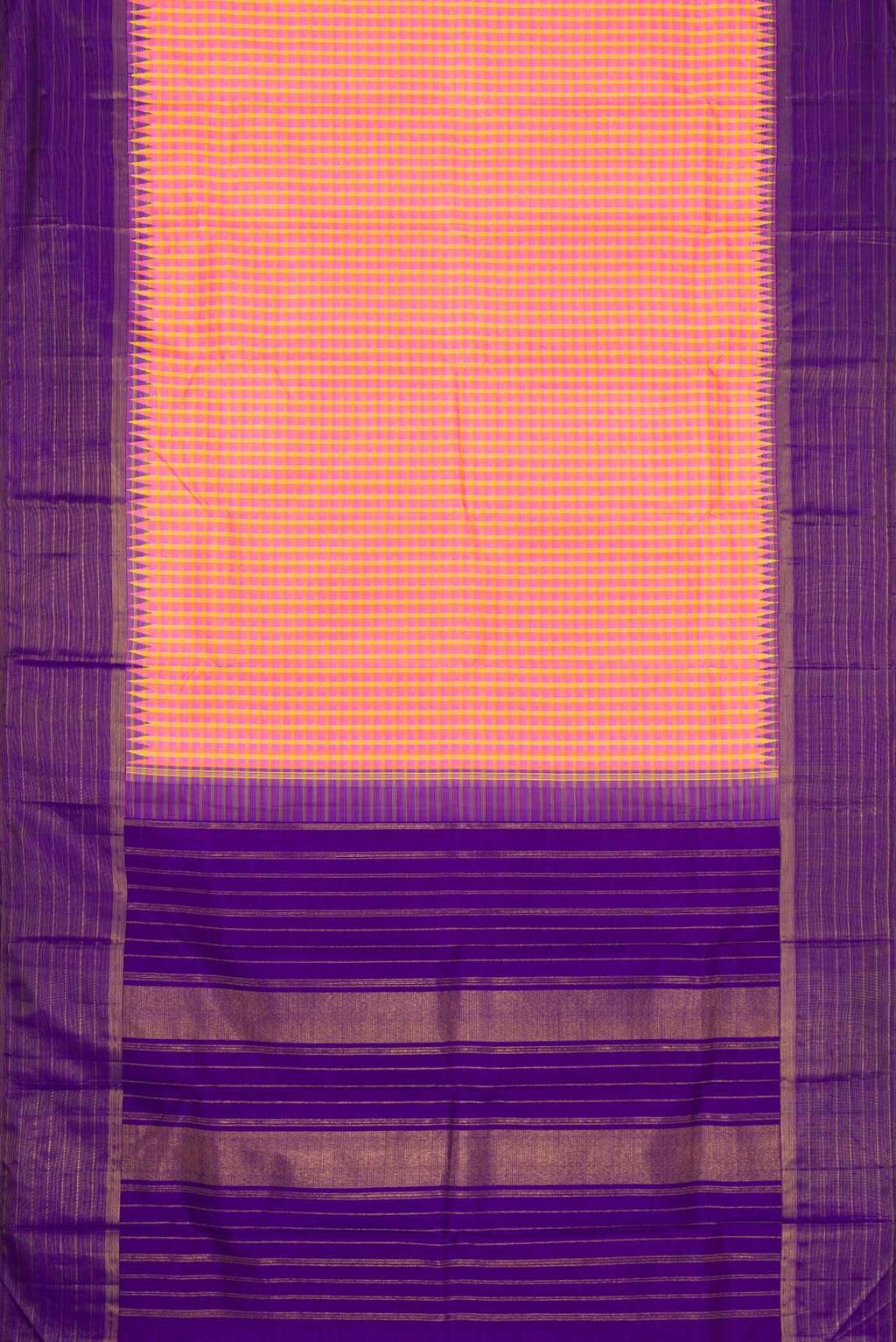 Flat view of Pure Silk Pure Zari Pink, Purple and Yellow Color Kanchipuram Saree with Checked design on the body and Zari Border
