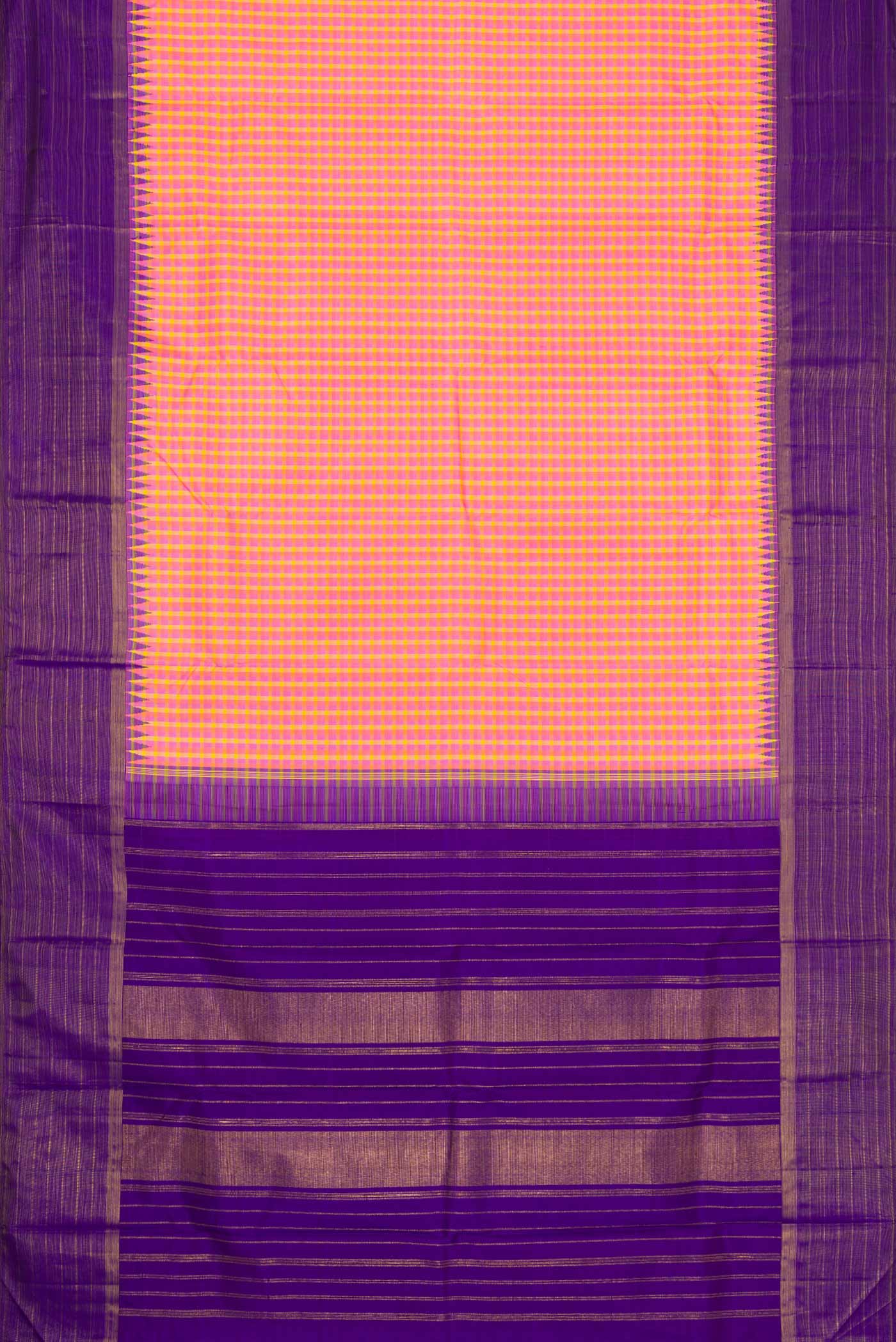 Flat view of Pure Silk Pure Zari Pink, Purple and Yellow Color Kanchipuram Saree with Checked design on the body and Zari Border
