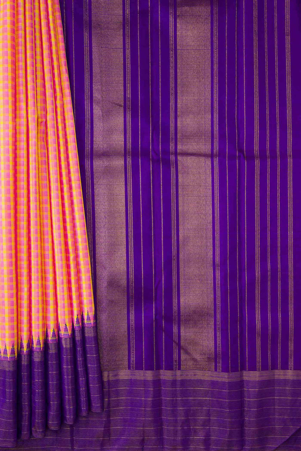 Pleats and pallu of Pure Silk Pure Zari Pink, Purple and Yellow Color Kanchipuram Saree with Checked design on the body and Zari Border