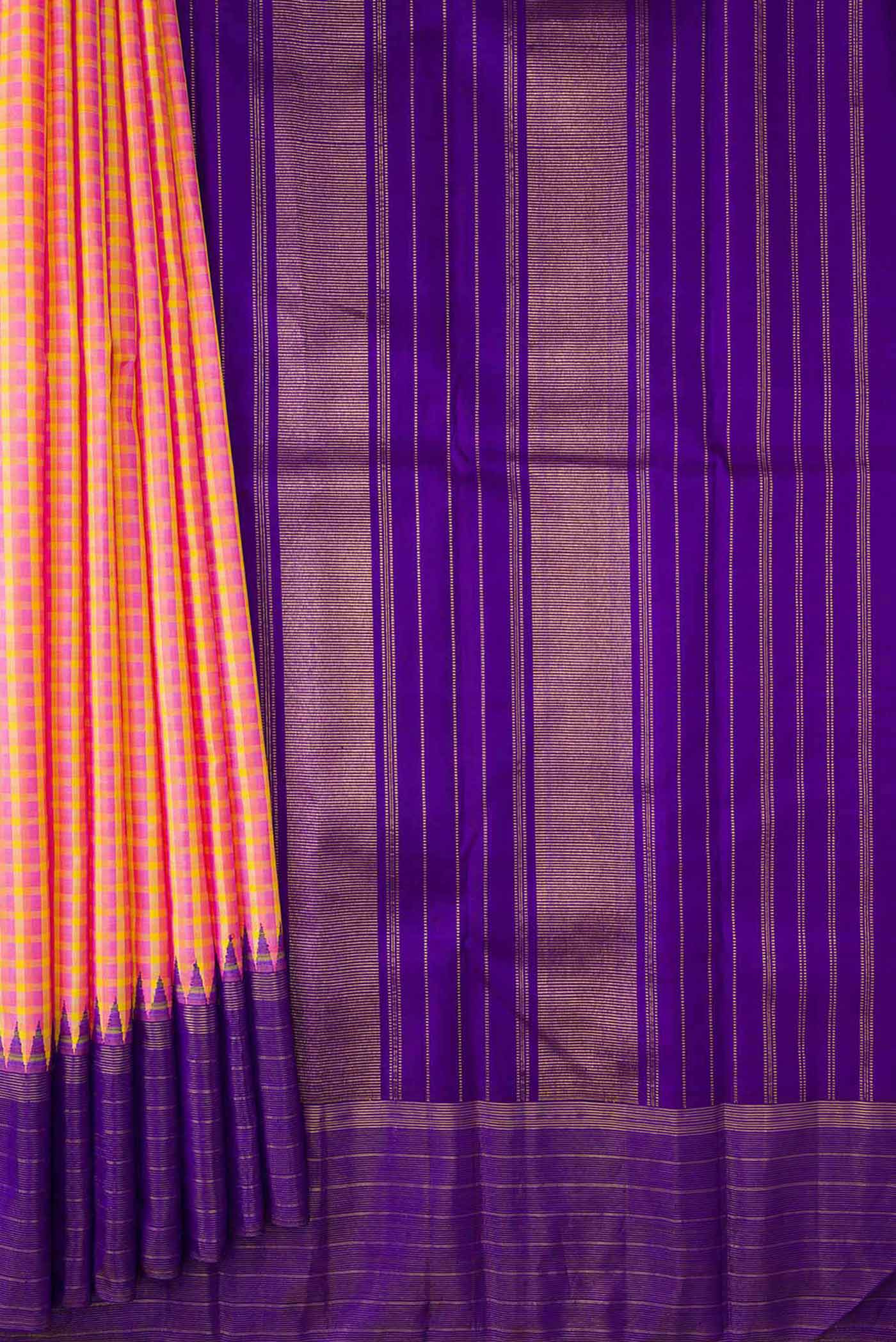 Pleats and pallu of Pure Silk Pure Zari Pink, Purple and Yellow Color Kanchipuram Saree with Checked design on the body and Zari Border