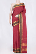 Maroon Dual Tone Kanchipuram Silk Saree with Checked design on the body and Zari Border displayed on a mannequin