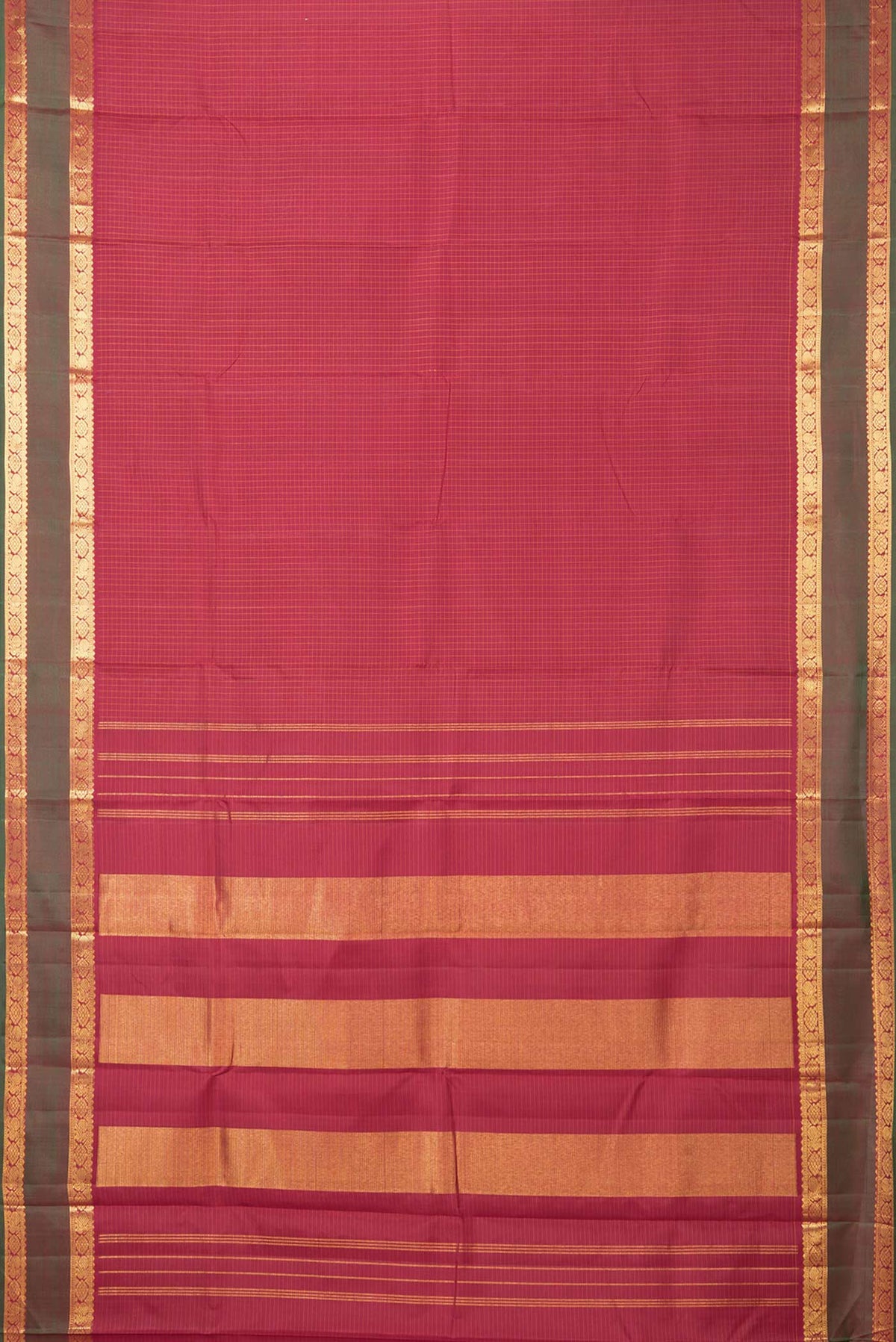 Flat view of Maroon Dual Tone Kanchipuram Silk Saree with Checked design on the body and Zari Border