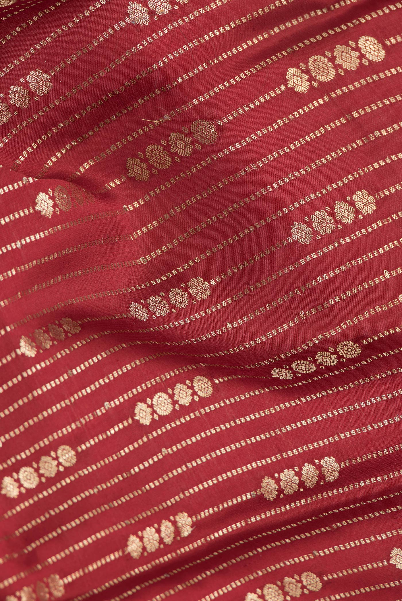 Close up of Maroon Dual Tone Mysore Silk Saree with Stripes on the body and Zari Border.  displaying folds