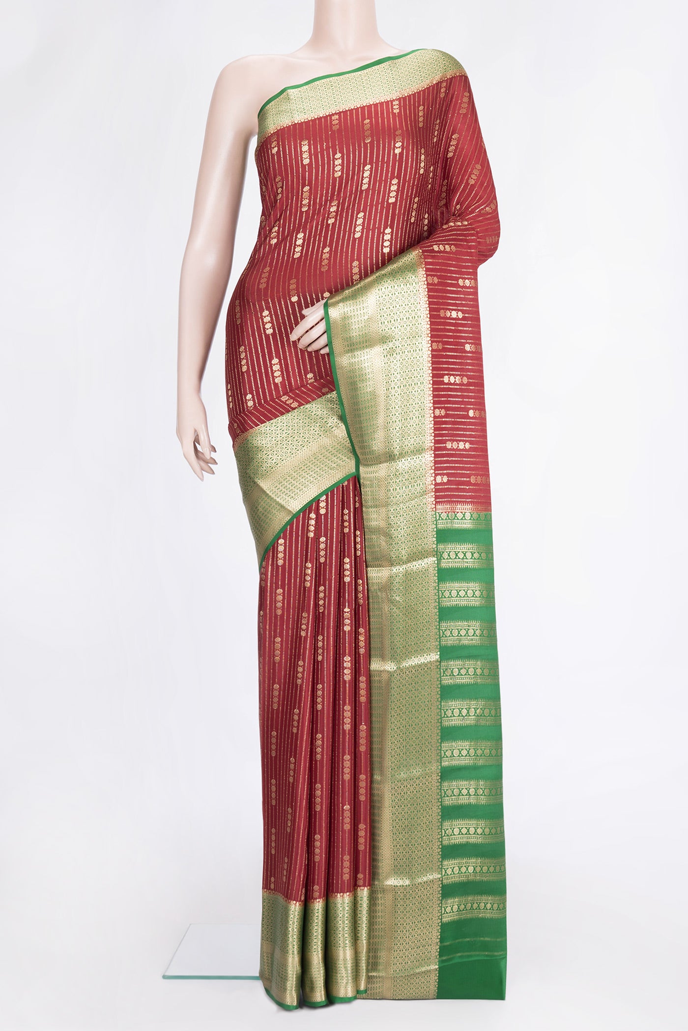 Maroon Dual Tone Mysore Silk Saree with Stripes on the body and Zari Border.  displayed on a mannequin