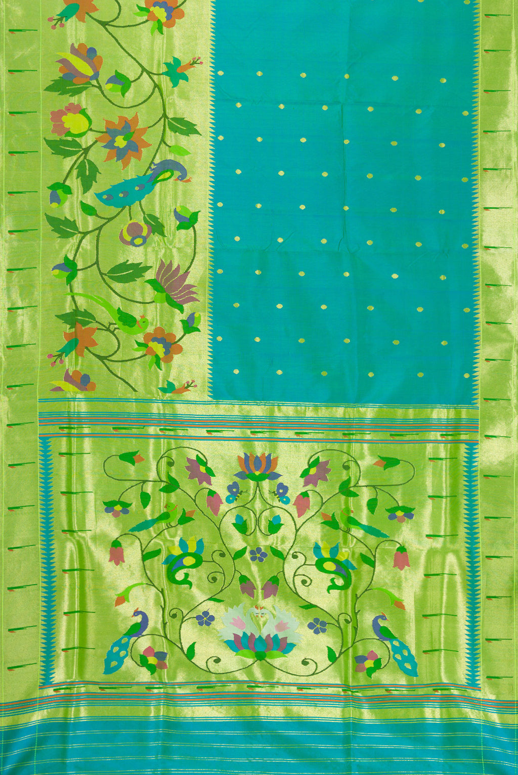 Flat view of Peacock Blue Dual Tone Paithani Silk Saree with Zari Butta on the body and Paithani Border. 