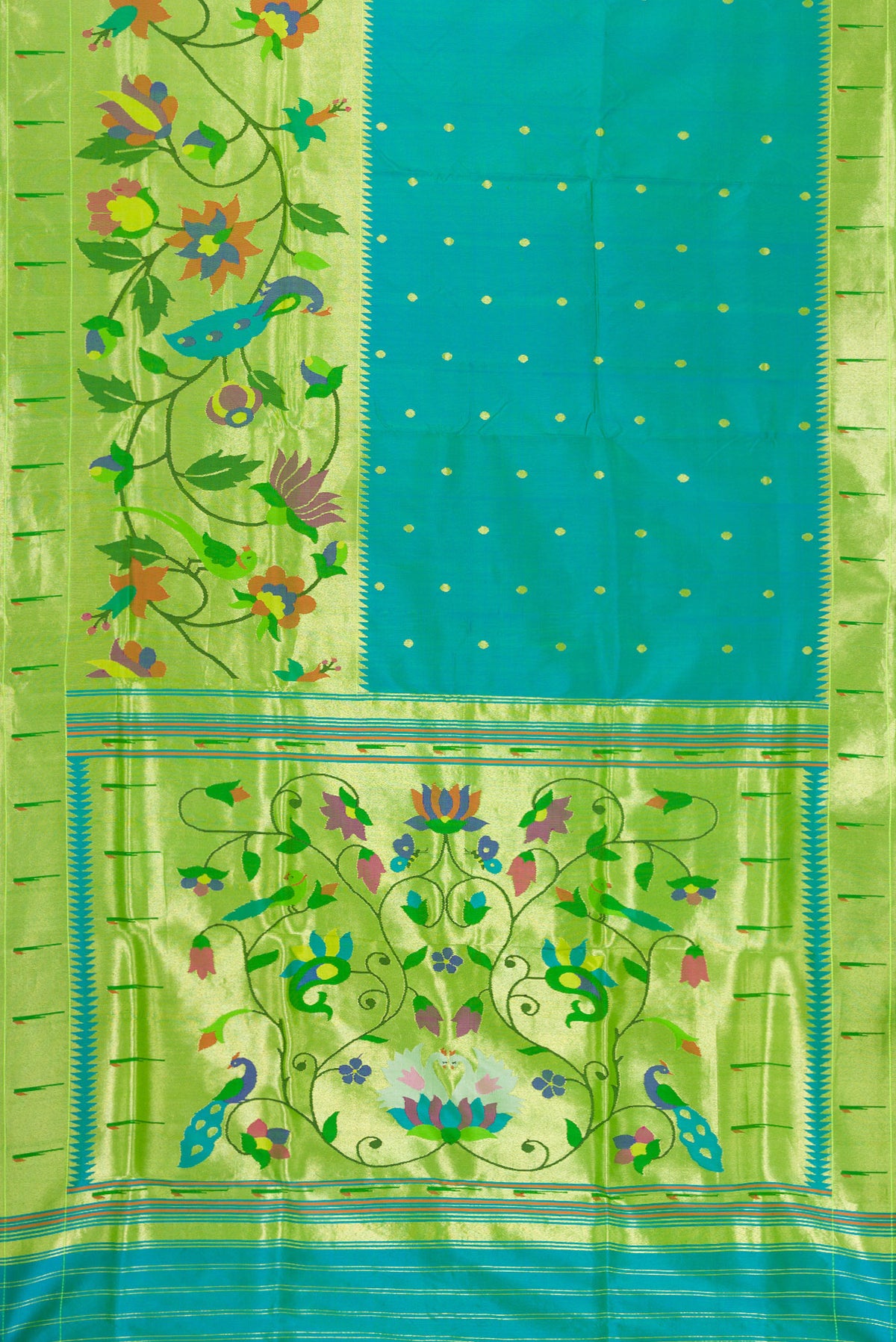 Flat view of Peacock Blue Dual Tone Paithani Silk Saree with Zari Butta on the body and Paithani Border. 
