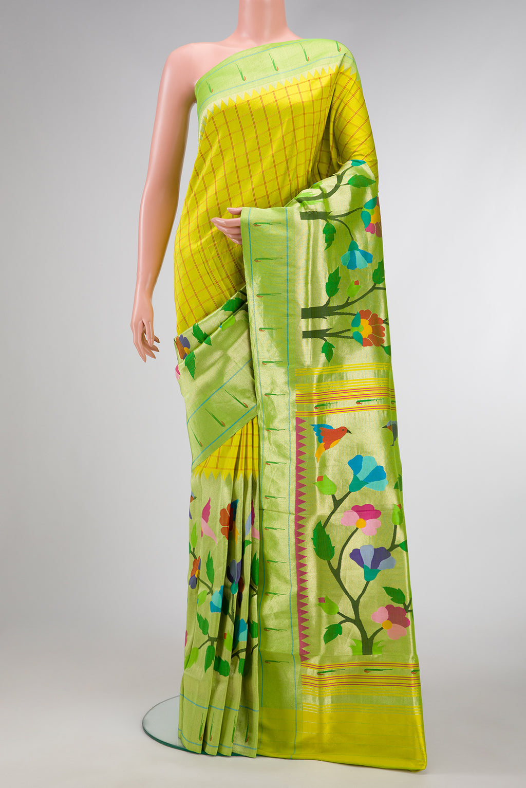Parrot Green Dual Tone Paithani Silk Saree with Half And Half on the body and Without Border.  displayed on a mannequin