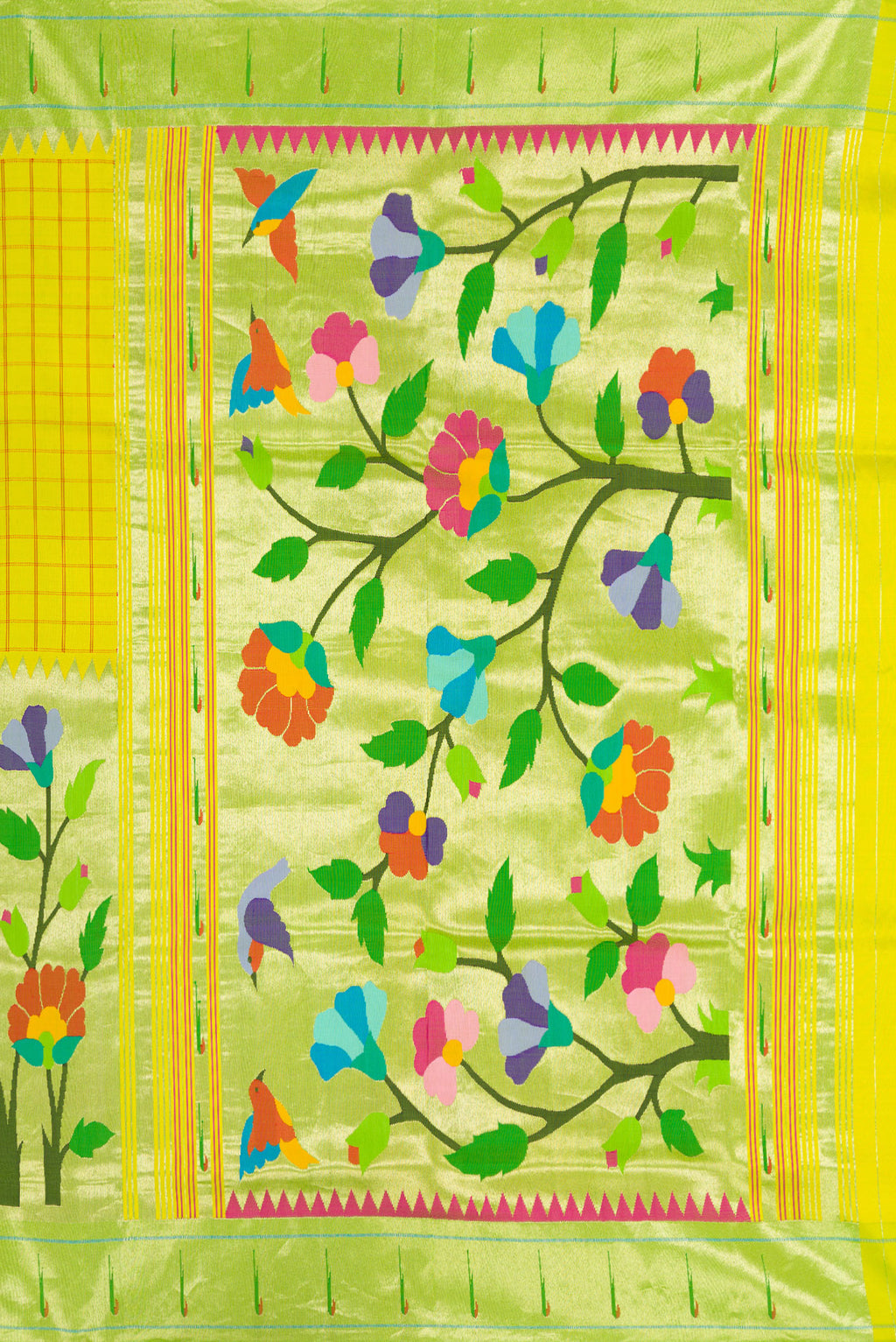 Close up image of the pallu of Parrot Green Dual Tone Paithani Silk Saree with Half And Half on the body and Without Border. 