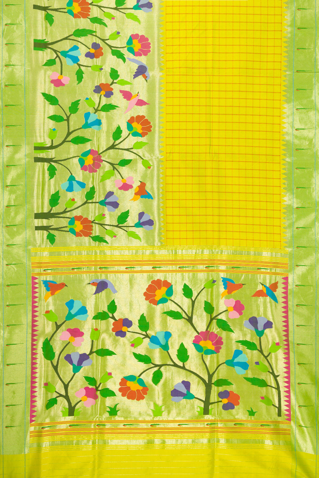 Flat view of Parrot Green Dual Tone Paithani Silk Saree with Half And Half on the body and Without Border. 
