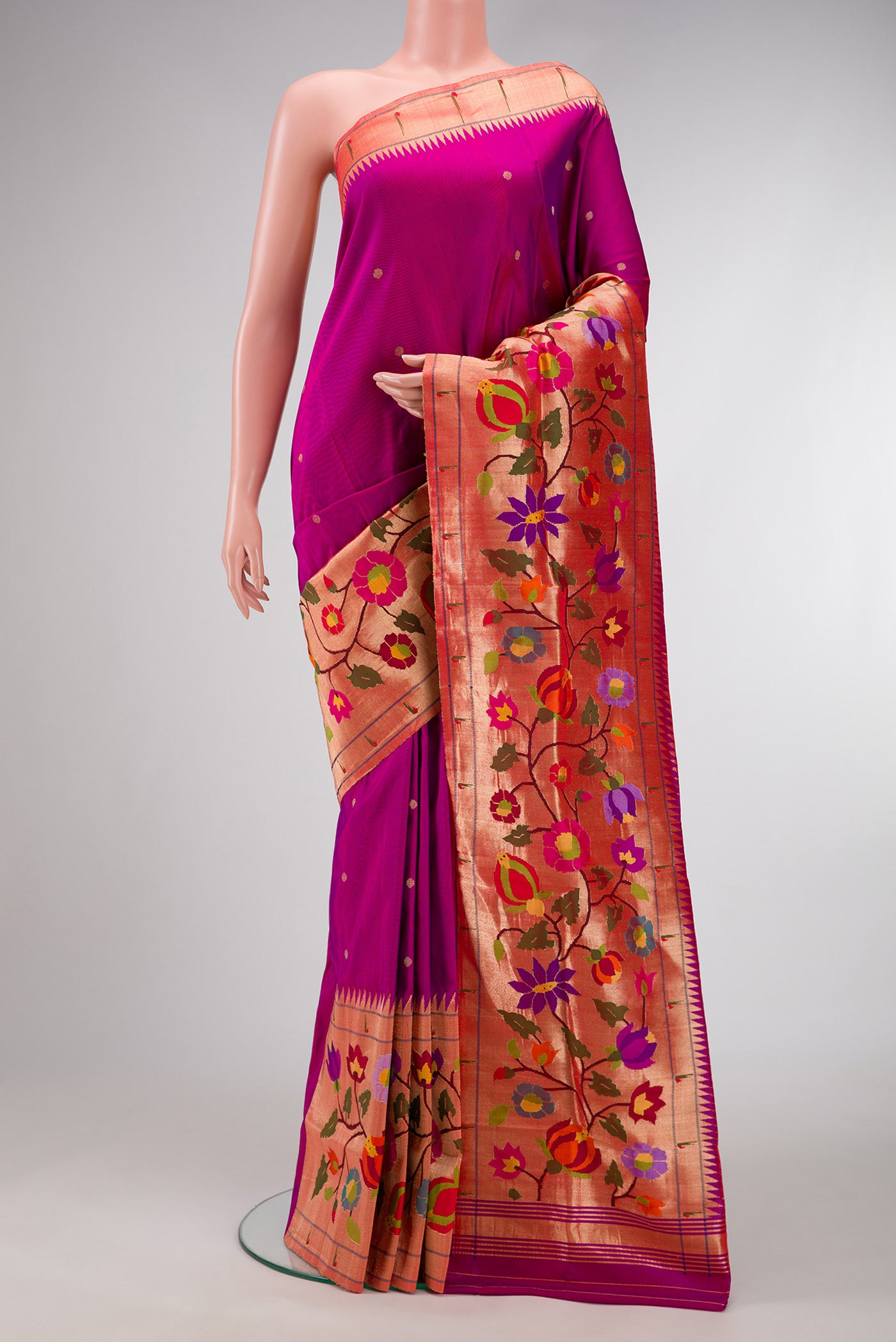 Purple Dual Tone Paithani Silk Saree with Zari Butta on the body and Paithani Border.  displayed on a mannequin