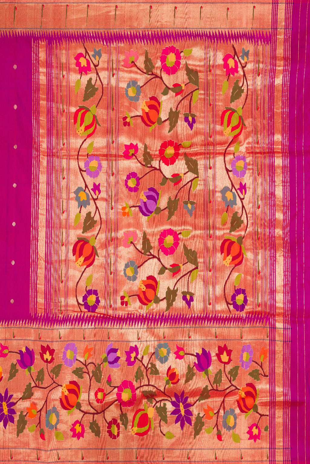 Close up image of the pallu of Purple Dual Tone Paithani Silk Saree with Zari Butta on the body and Paithani Border. 
