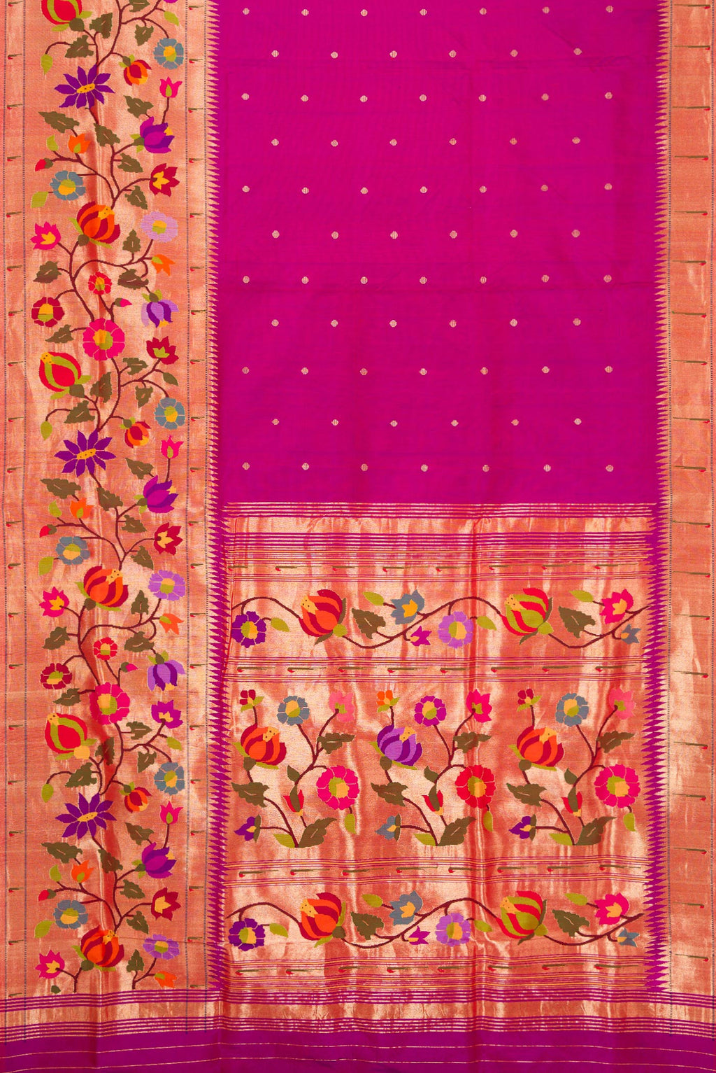 Flat view of Purple Dual Tone Paithani Silk Saree with Zari Butta on the body and Paithani Border. 