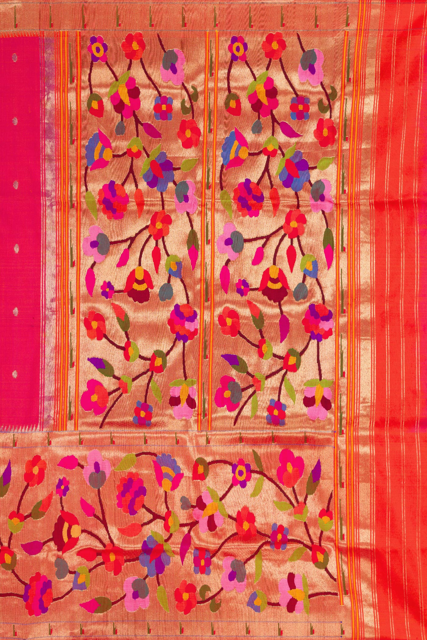 Close up image of the pallu of Pink Dual Tone Paithani Silk Saree with Zari Butta on the body and Paithani Border. 