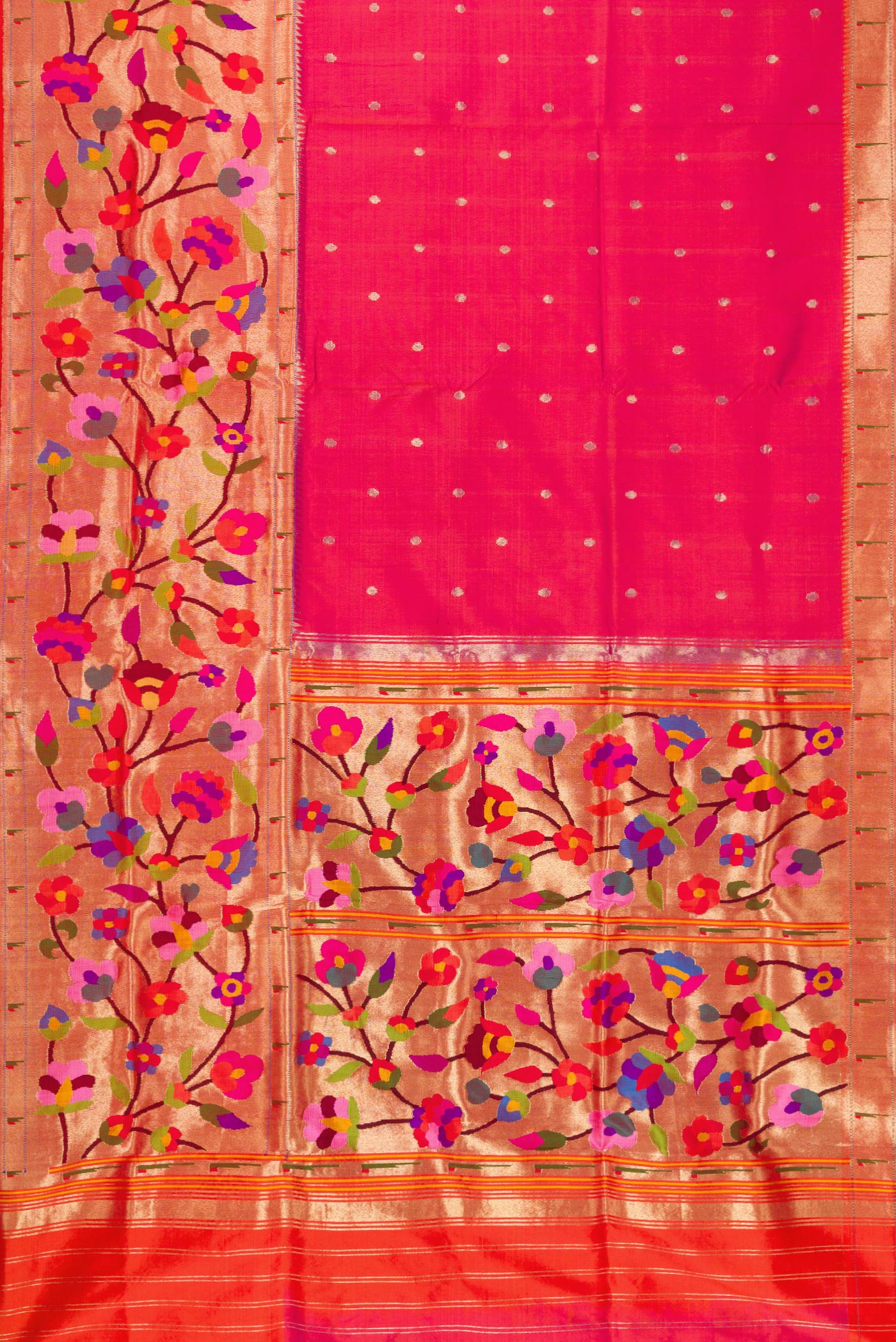 Flat view of Pink Dual Tone Paithani Silk Saree with Zari Butta on the body and Paithani Border. 
