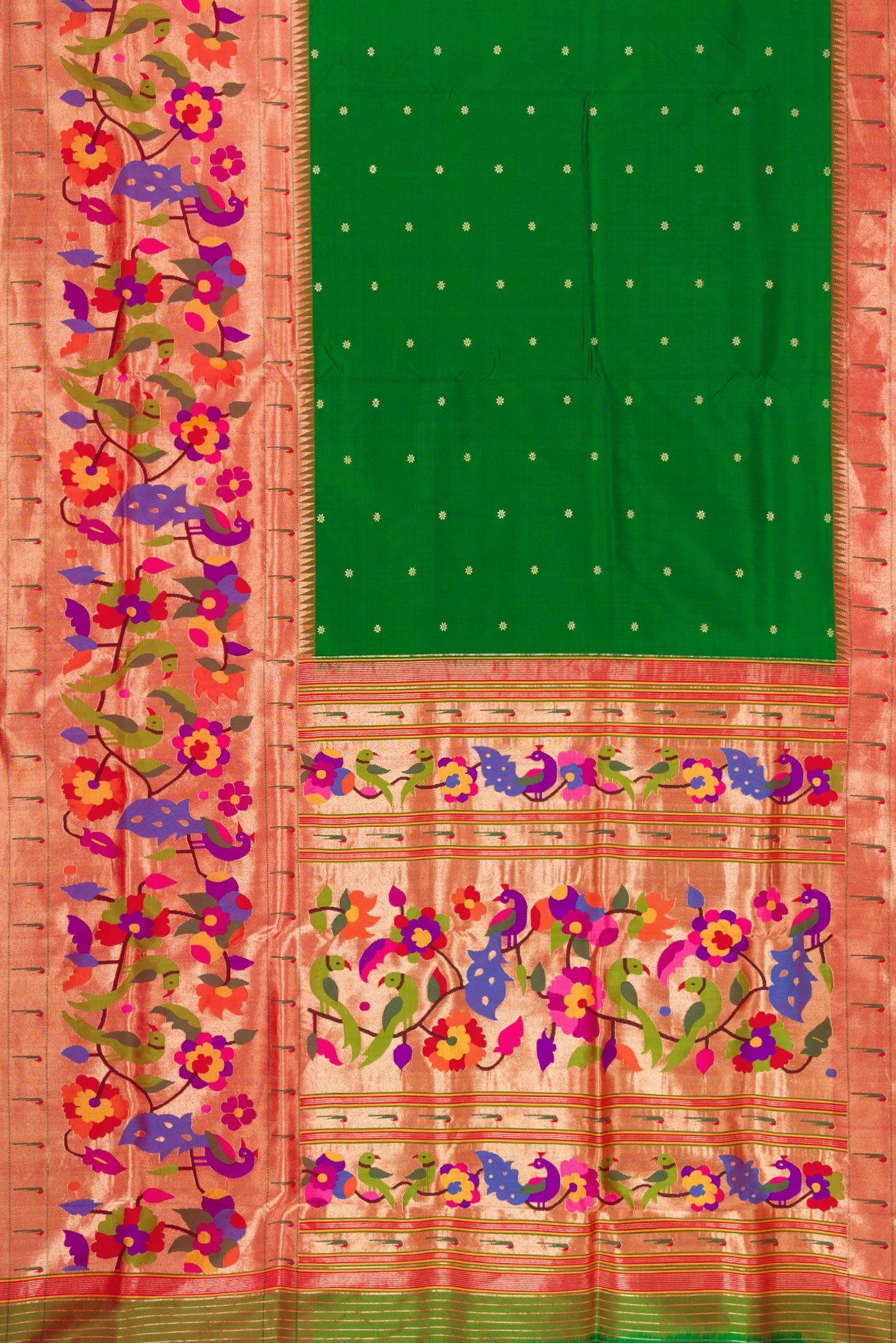 Flat view of Bottle Green Dual Tone Paithani Silk Saree with Zari Butta on the body and Paithani Border. 