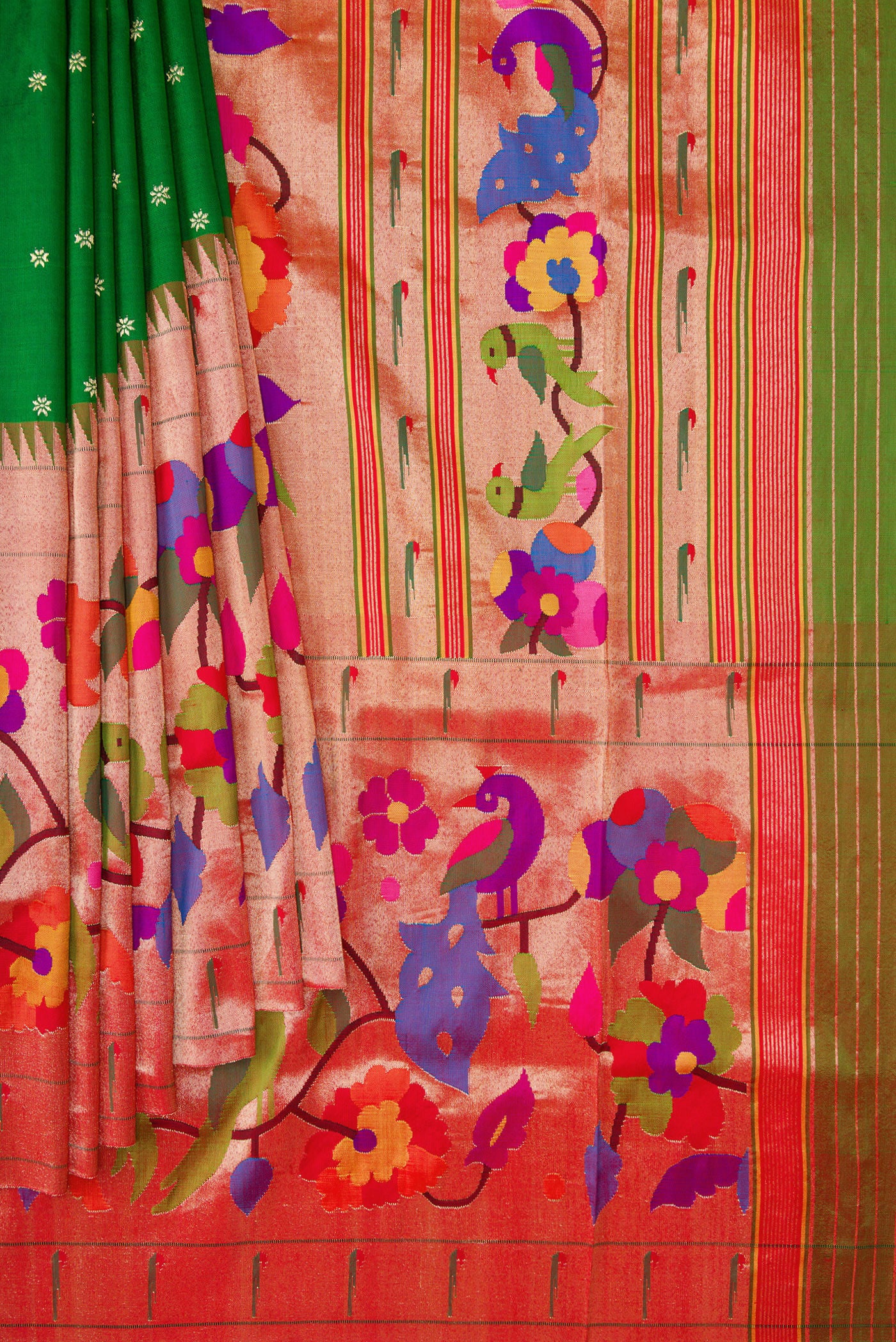 Pleats and pallu of Bottle Green Dual Tone Paithani Silk Saree with Zari Butta on the body and Paithani Border. 