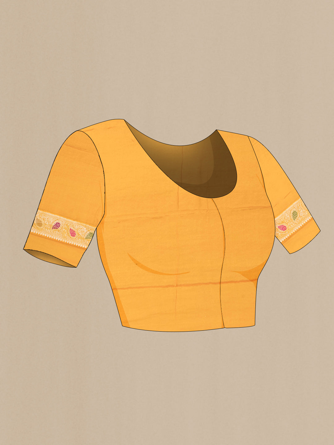 Close up image of the blouse of Mustard Banarasi Georgette Saree with Zari Brocade on the body and Zari And Thread Border. 