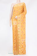 Mustard Banarasi Georgette Saree with Zari Brocade on the body and Zari And Thread Border.  displayed on a mannequin