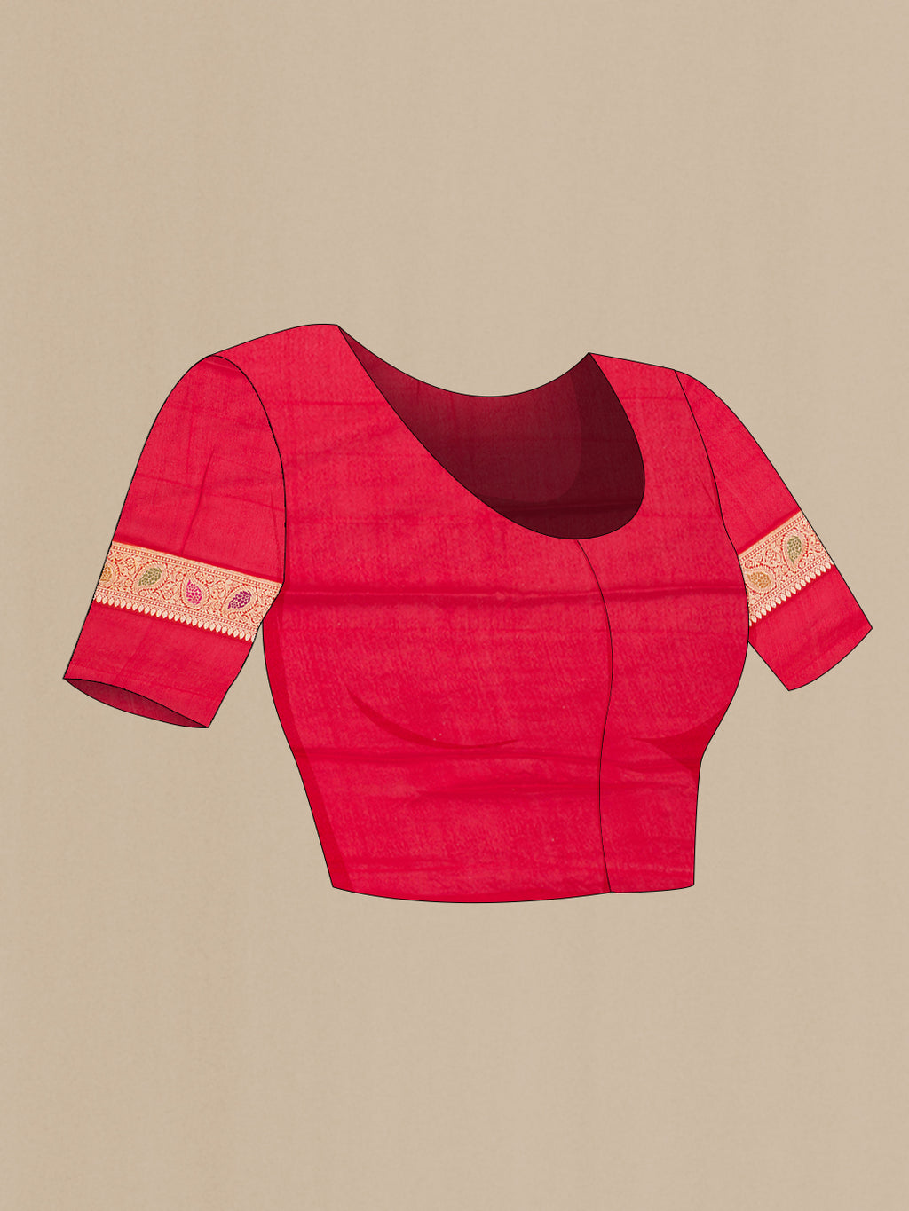 Close up image of the blouse of Red Banarasi Georgette Saree with Zari Brocade on the body and Zari And Thread Border. 