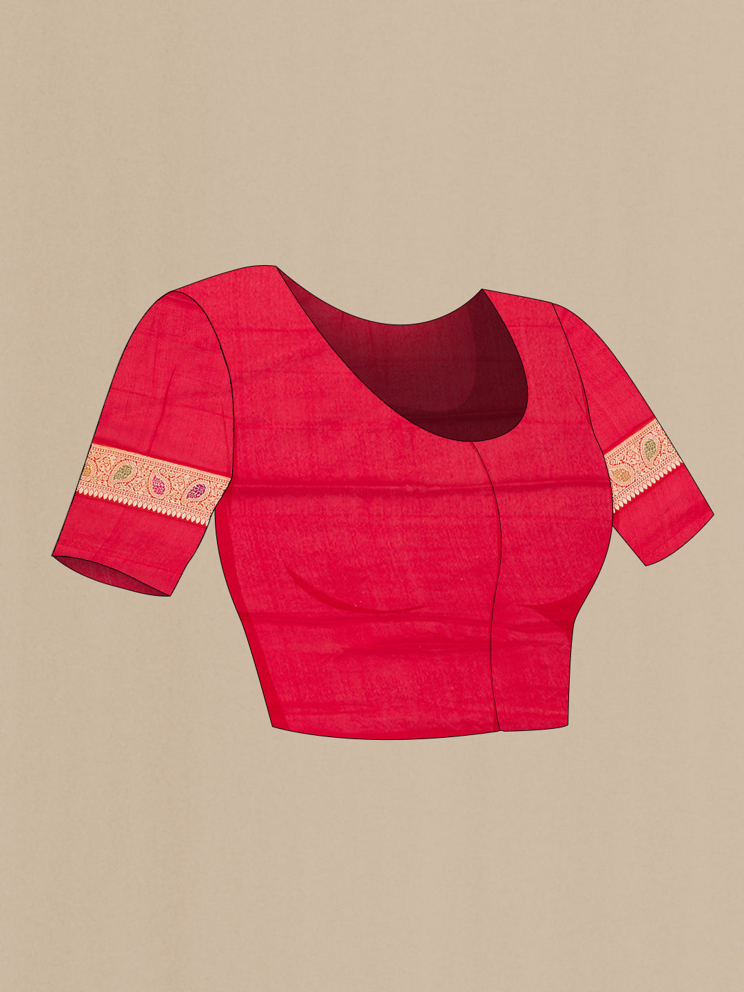 Close up image of the blouse of Red Banarasi Georgette Saree with Zari Brocade on the body and Zari And Thread Border. 