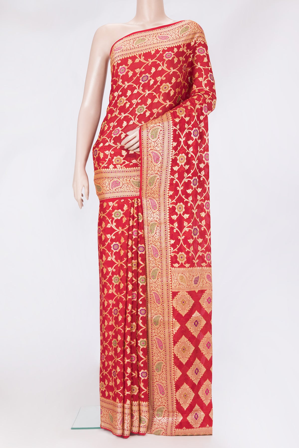 Red Banarasi Georgette Saree with Zari Brocade on the body and Zari And Thread Border.  displayed on a mannequin
