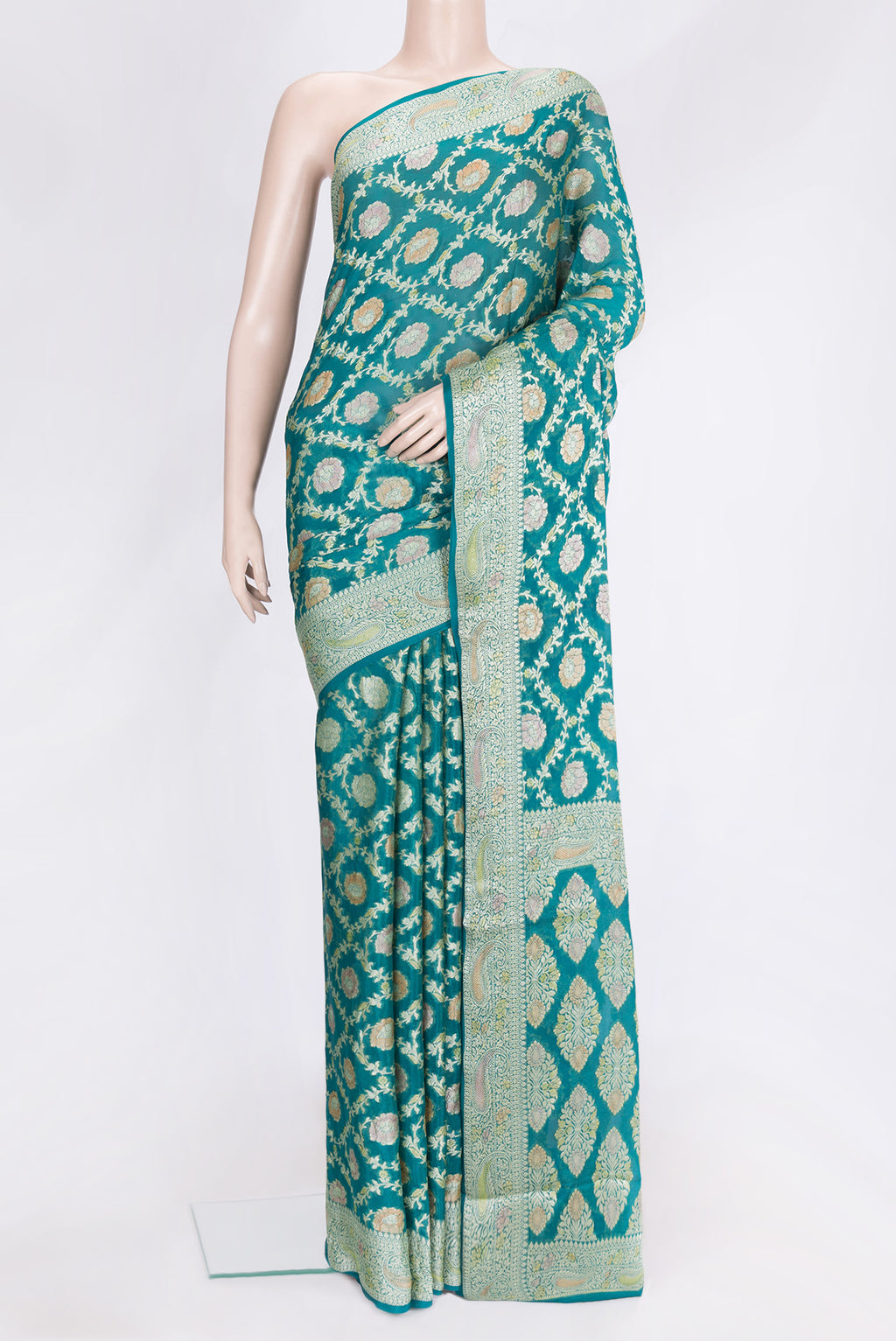 Peacock Blue Dual Tone Mysore Georgette Saree with Zari Brocade on the body and Thread Border.  displayed on a mannequin