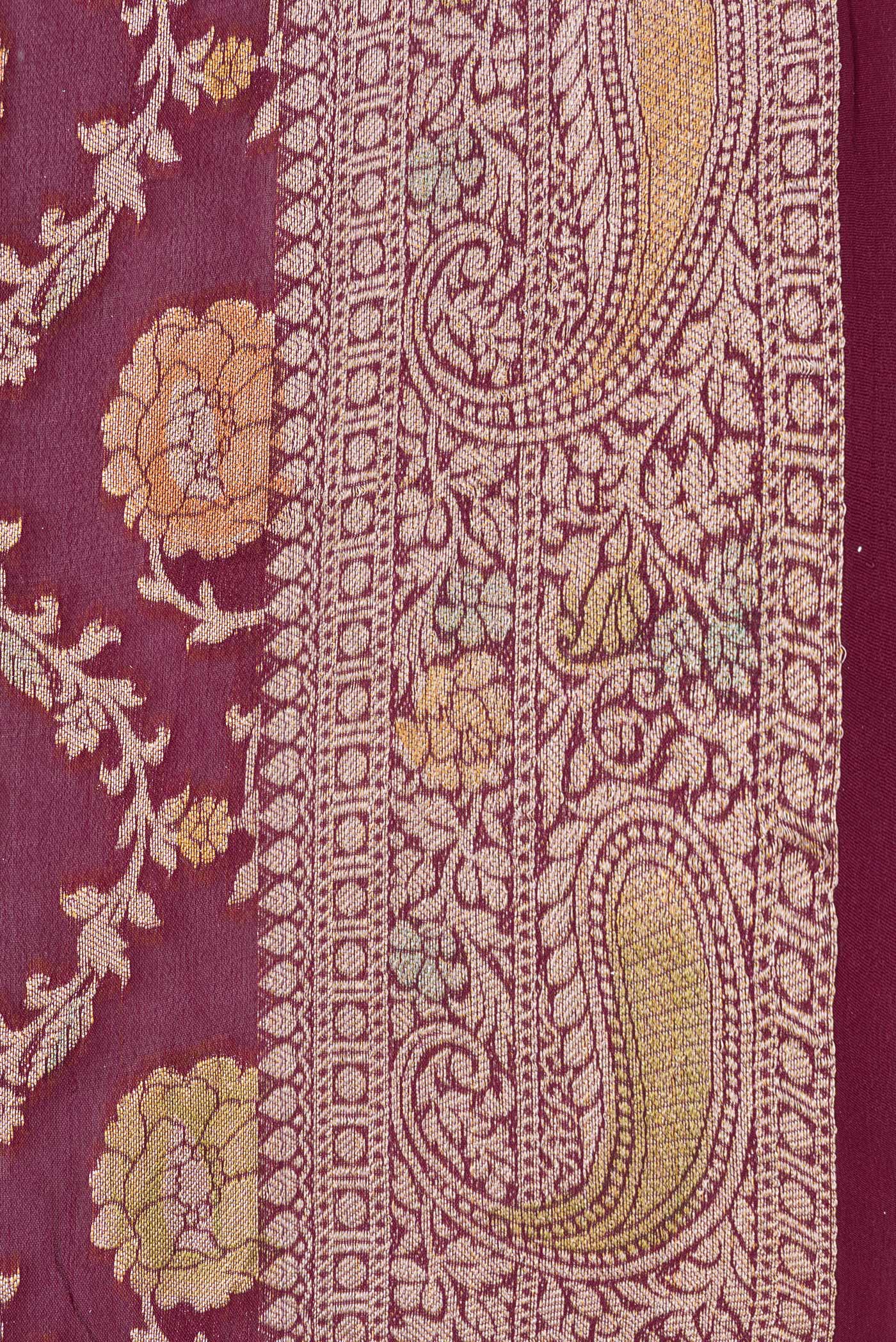 Border image of Maroon Dual Tone Mysore Georgette Saree with Zari Brocade on the body and Thread Border. 
