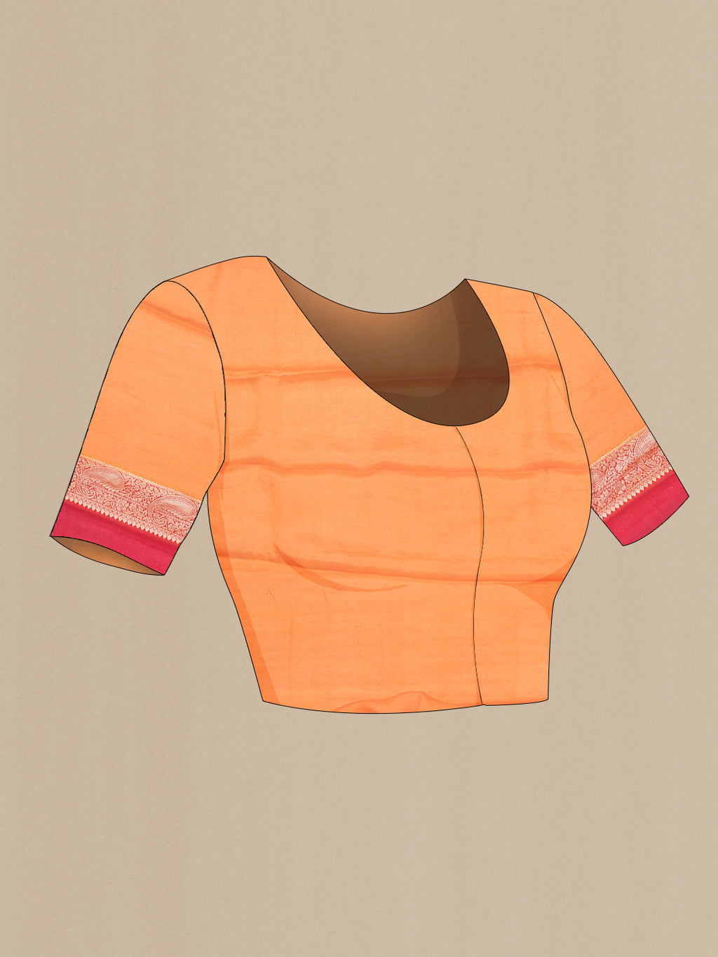 Close up image of the blouse of Orange Banarasi Georgette Saree with Zari Brocade on the body and Zari Border. 