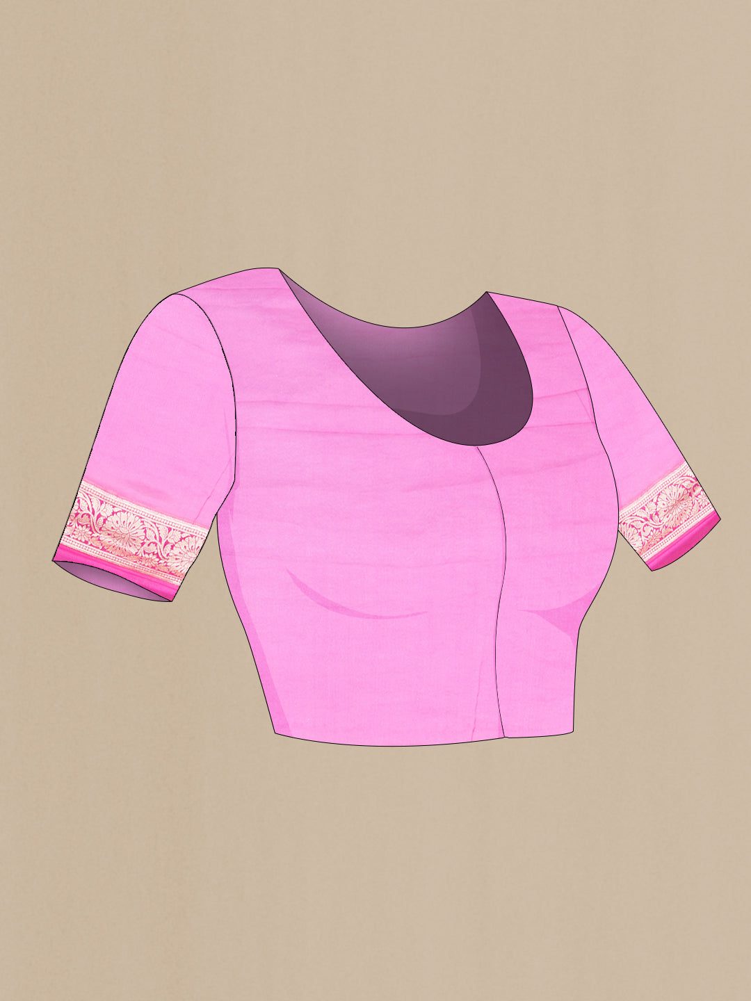Close up image of the blouse of Pink Dual Tone Mysore Georgette Saree with Zari Brocade on the body and Thread Border. 
