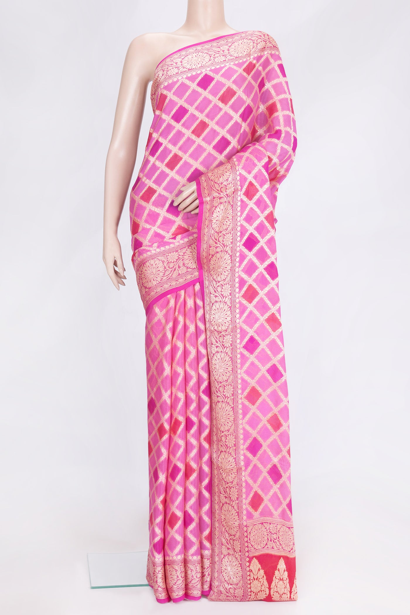 Pink Dual Tone Mysore Georgette Saree with Zari Brocade on the body and Thread Border.  displayed on a mannequin