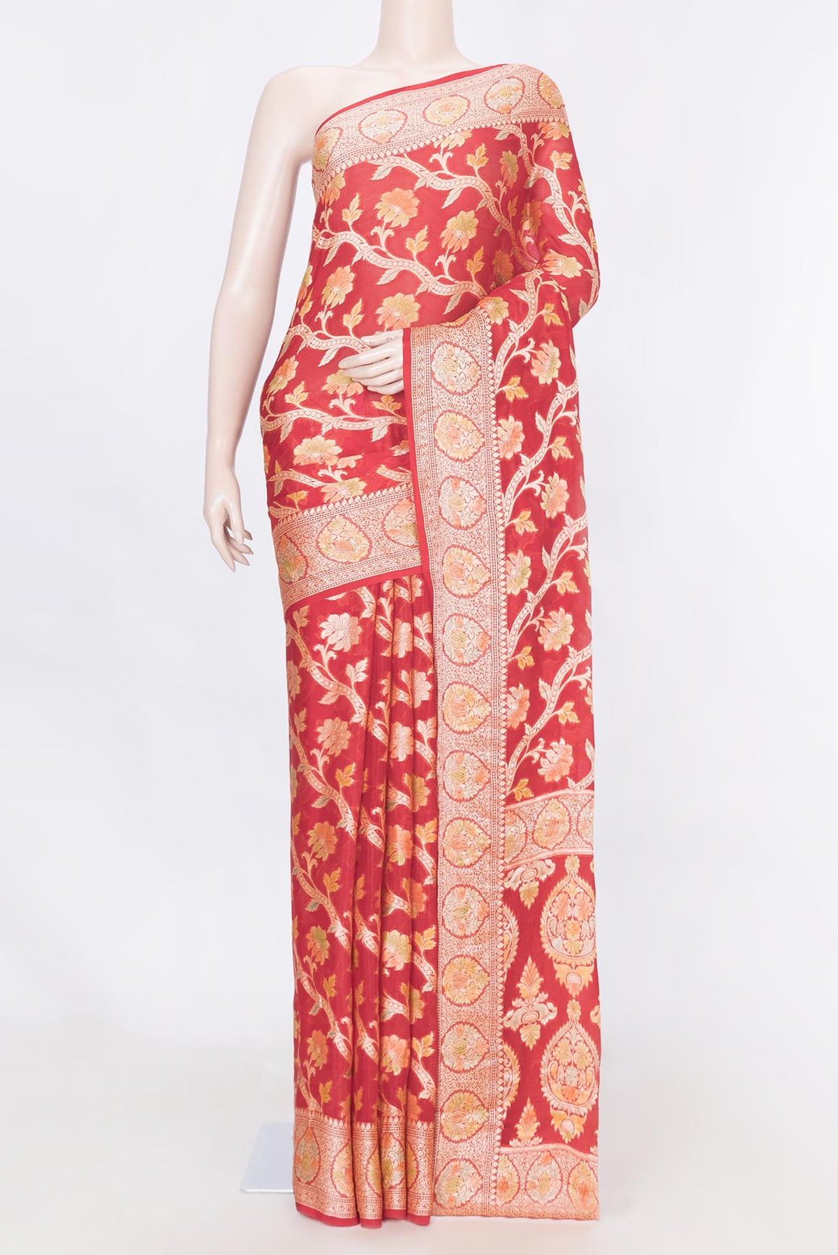 Red Dual Tone Georgette Saree with Zari Brocade on the body and Zari Border displayed on a mannequin