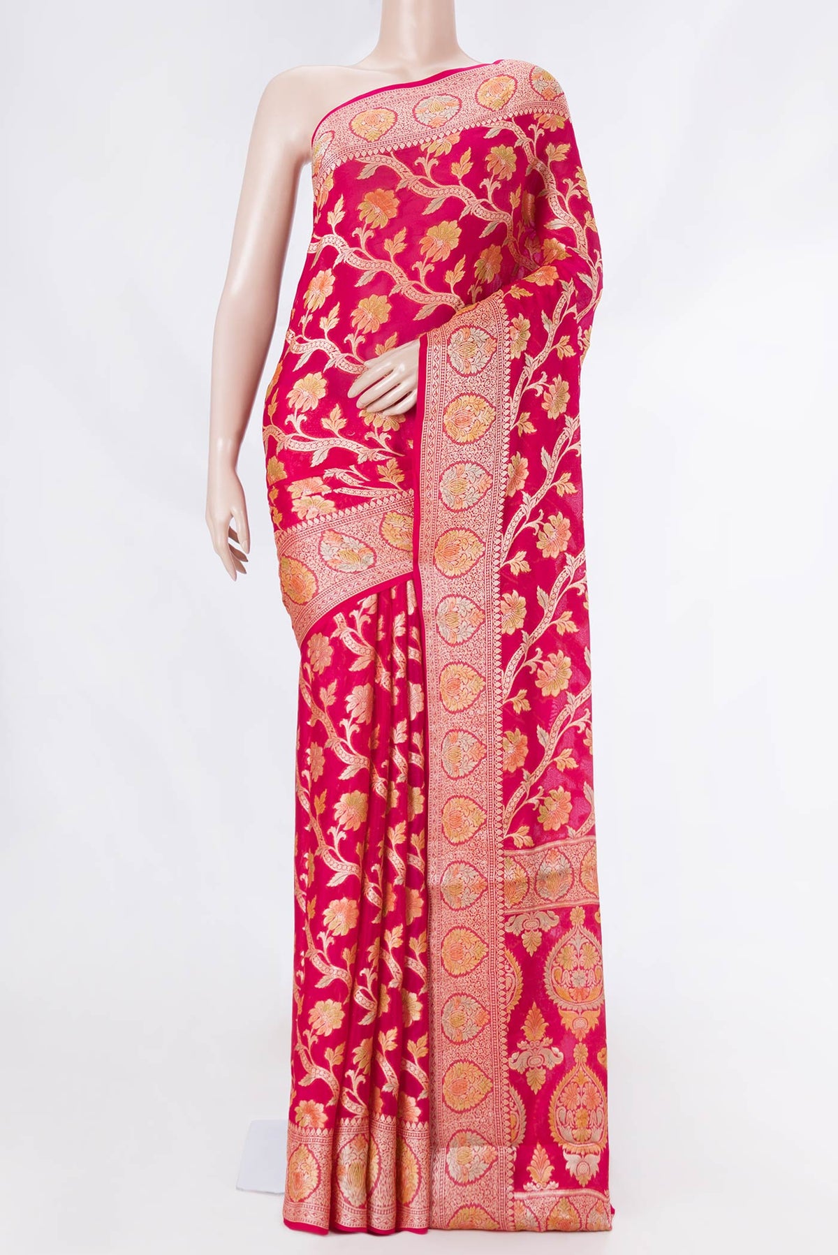 Pink Dual Tone Georgette Saree with Zari Brocade on the body and Zari Border displayed on a mannequin