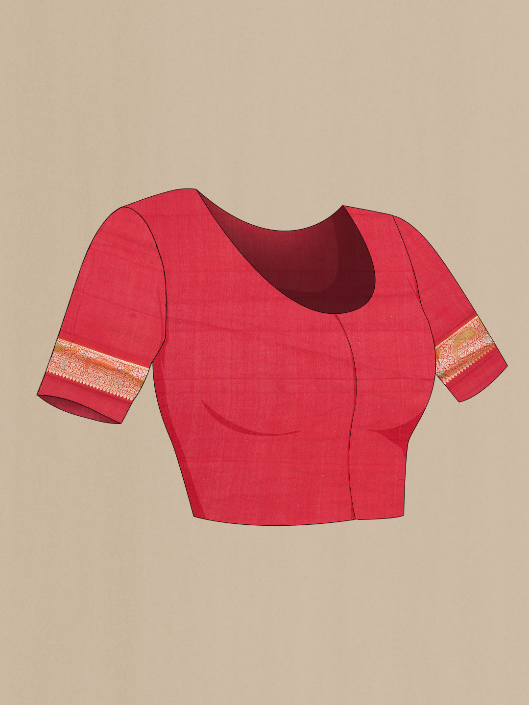 Close up image of the blouse of Red Banarasi Georgette Saree with Zari Brocade on the body and Zari Border. 