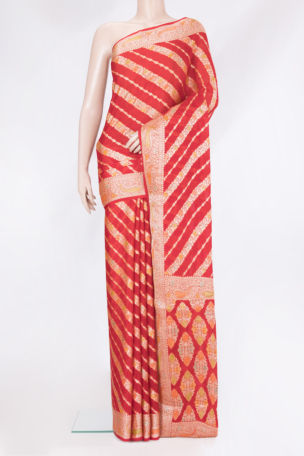 Red Banarasi Georgette Saree with Zari Brocade on the body and Zari Border.  displayed on a mannequin